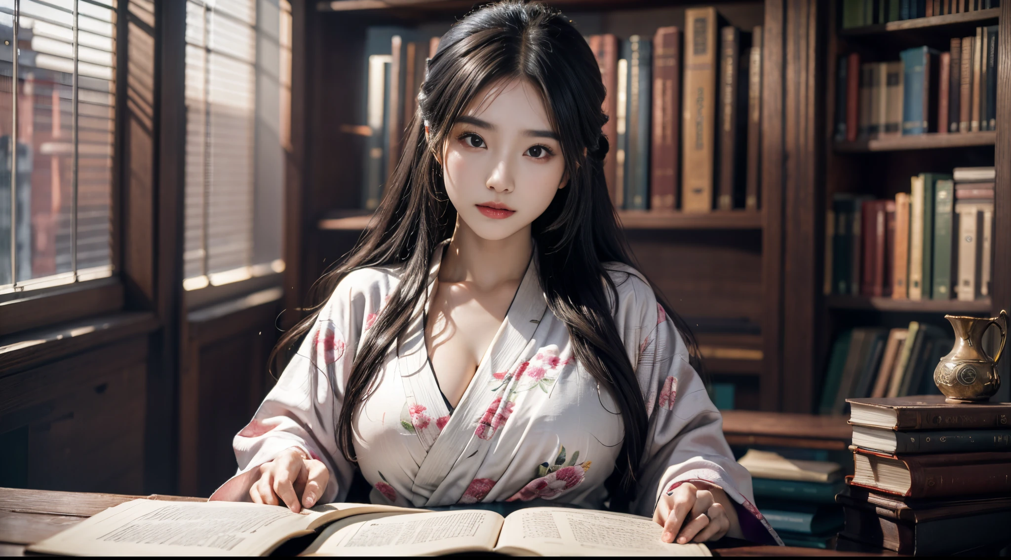 16K Ultra HD Ultra Detailed Best Shiny Detailed Hair Beautiful Long Haired Human Woman,Wear a printed kimono,Glowing and radiant skin,Ruddy cheeks,Moist eyes,meticuloso,Sit at your desk and read a book,Big breasts on table in library background