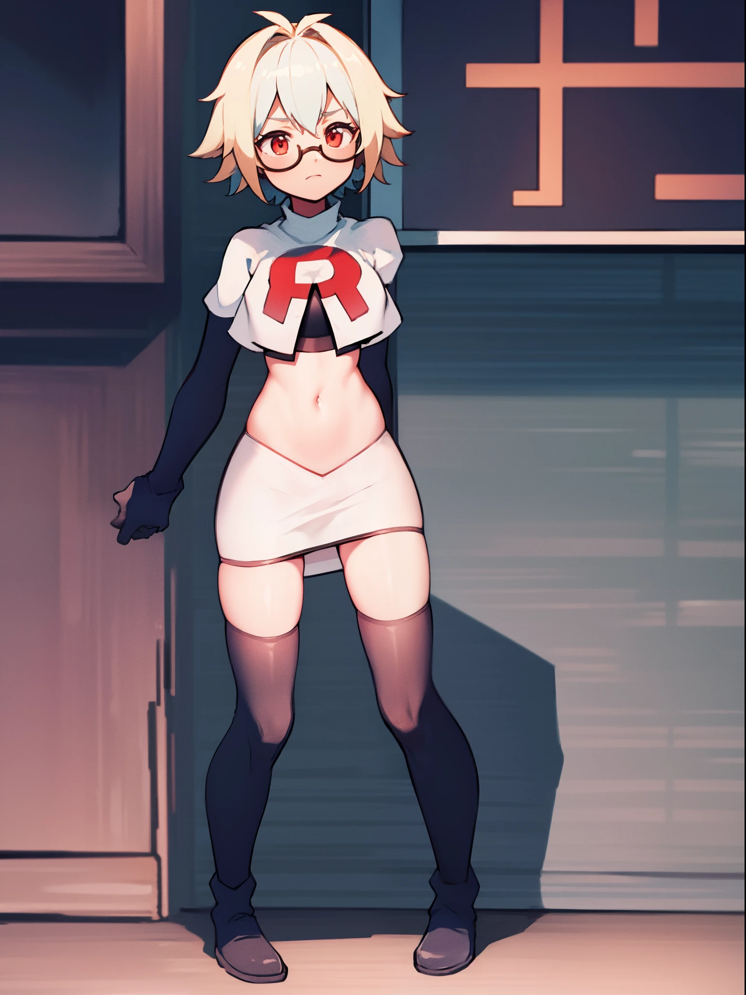 sucrose \(genshin impact\), glasses,team rocket,team rocket uniform, red letter R, white skirt,white crop top,black thigh-highs,black elbow gloves
