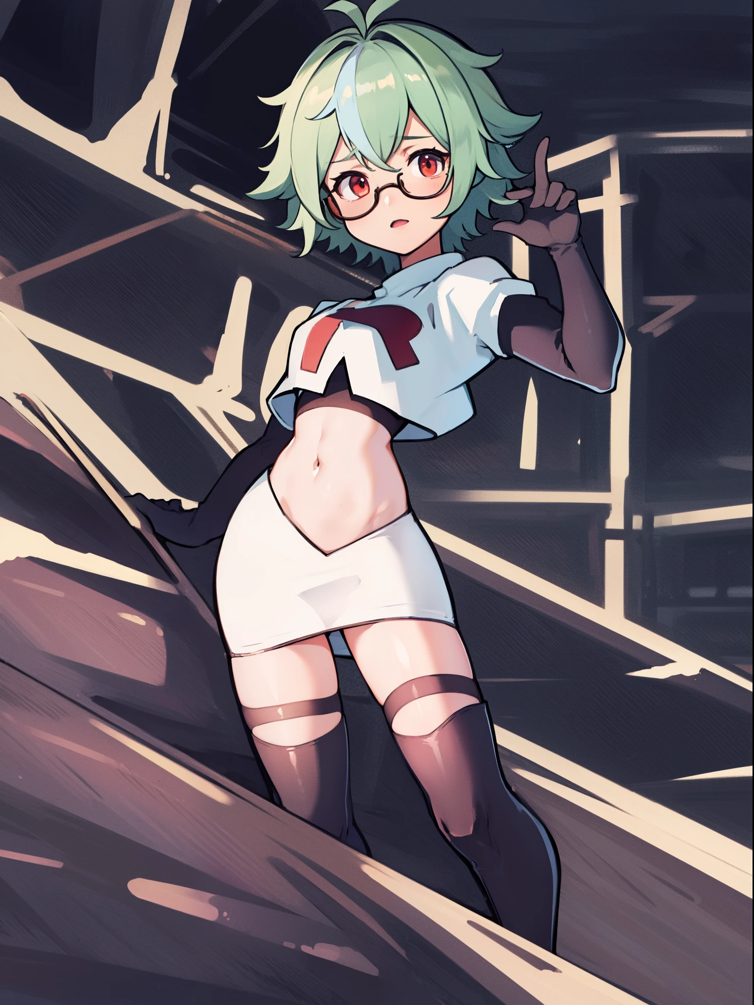 sucrose \(genshin impact\), glasses,team rocket,team rocket uniform, red letter R, white skirt,white crop top,black thigh-highs,black elbow gloves