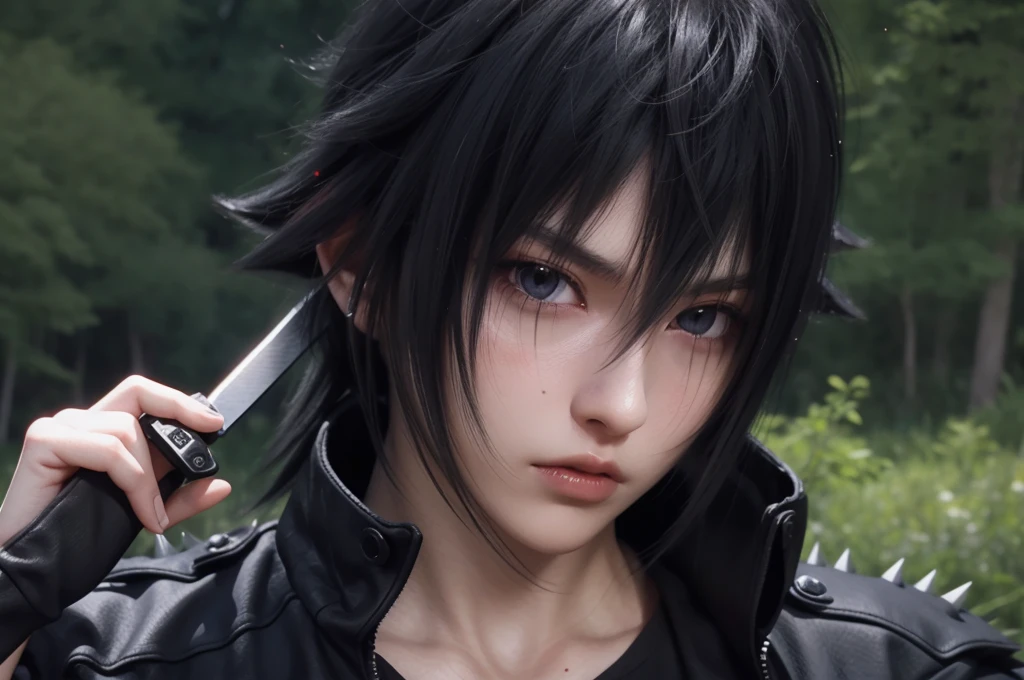 young man, pale skin, spiky black hair, black eyes, big lips, white clothes, Sasuke Uchiha, realistic, 3d, forest, sword