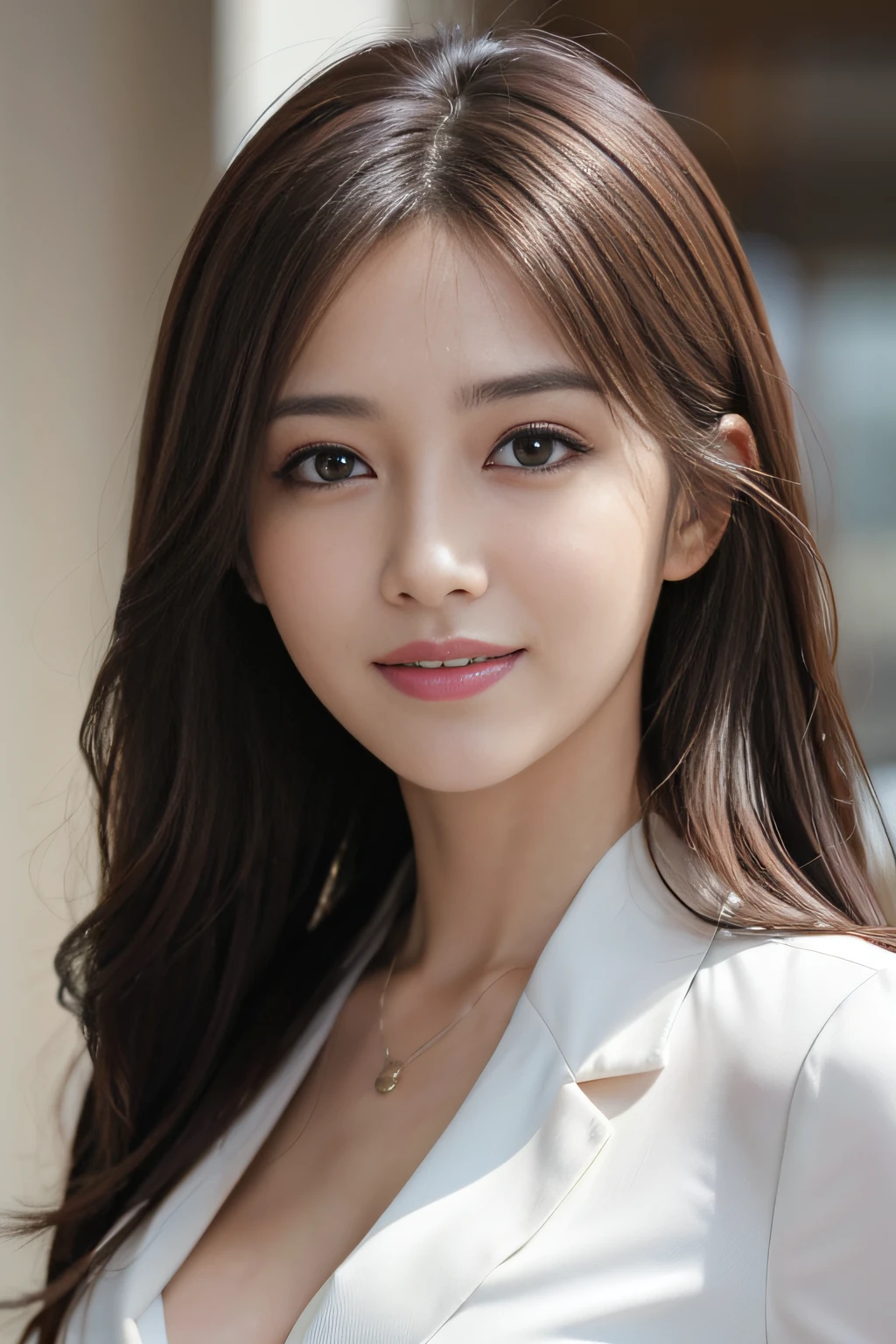 masutepiece, Best Quality, Photorealistic, Ultra-detailed, finely detail, High resolution, 8K Wallpaper, 1 beautiful woman,, light brown messy hair, in a business suit, foco nítido, Perfect dynamic composition, Beautiful detailed eyes, detailed hairs, Detailed realistic skin texture, Smiling, Close-up portrait, Model body type