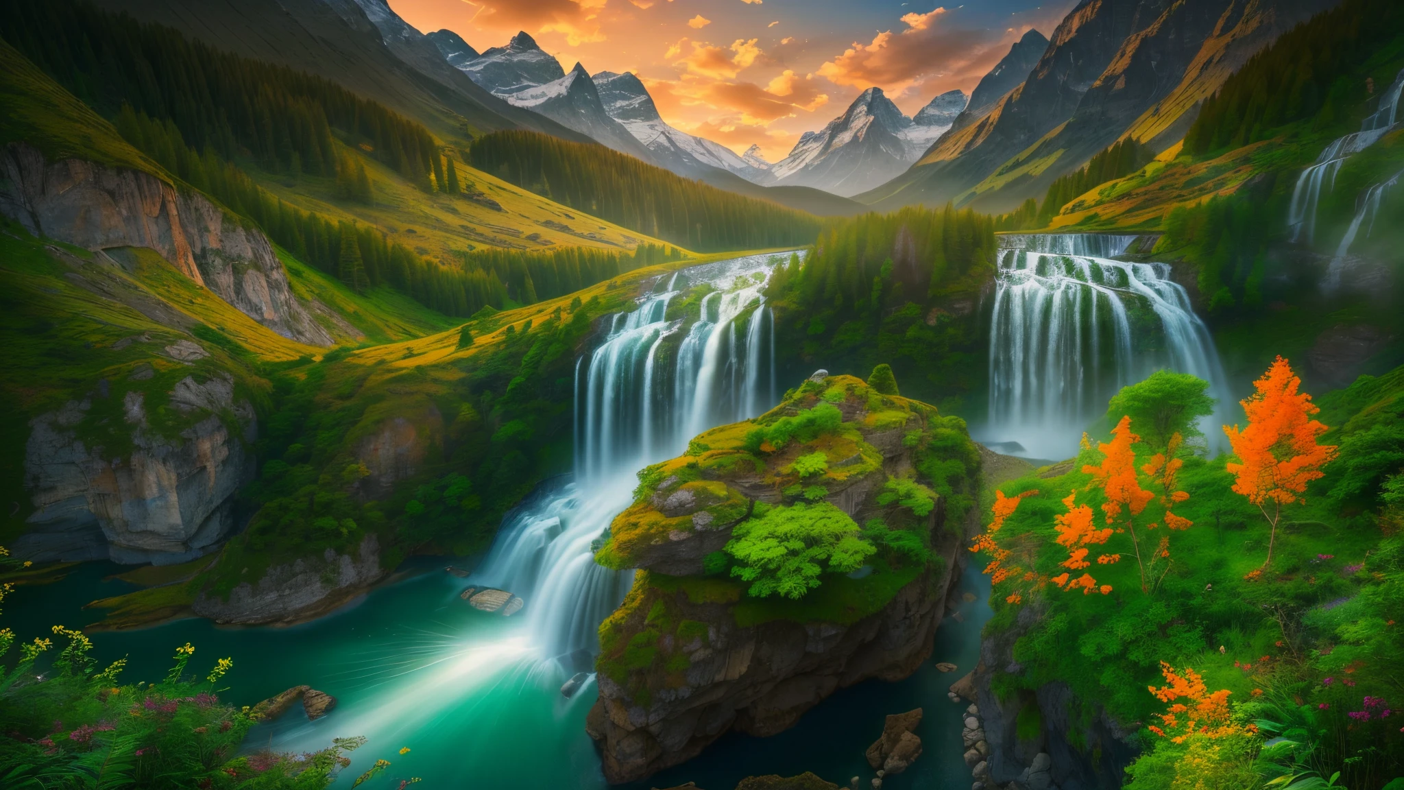 best quality, highres, ultra-detailed, realistic, vivid colors, studio lighting, Swiss nature, exotic planet, mountains, lush green forests, crystal clear lakes, colorful wildflowers, snow-capped peaks, serene atmosphere, breathtaking landscapes, diverse flora and fauna, majestic waterfalls, peaceful meadows, surreal scenery, vibrant and surreal colors, magical lighting, ethereal beauty.