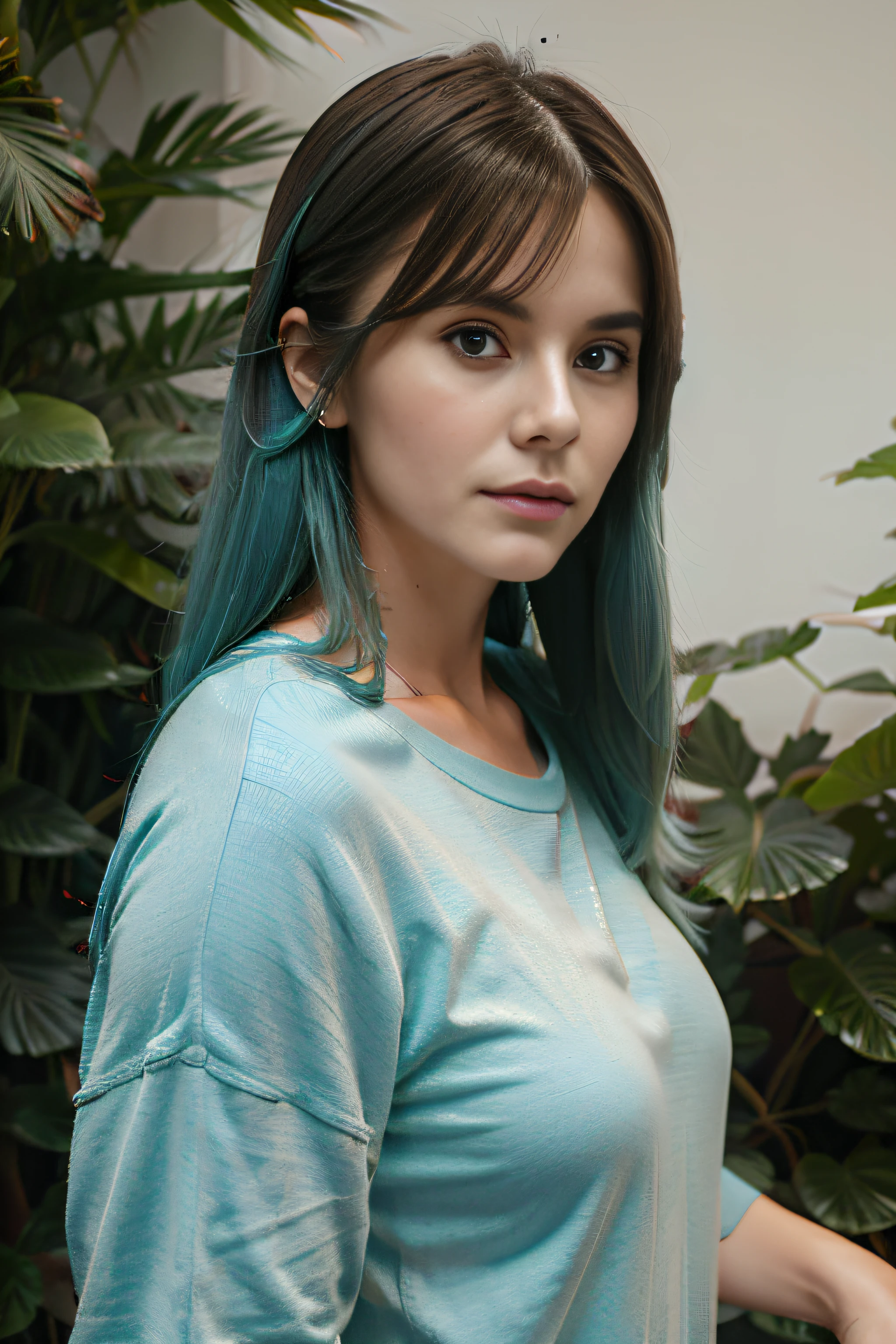 A photograph of a mature woman with face of ((lora:TeeTee4)). she has teal colored hair