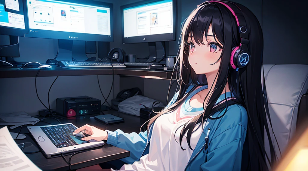 (1girl, black hair, long hair, headphones, the girl is looking up at the ceiling), (dim room, monitor light, blue light)