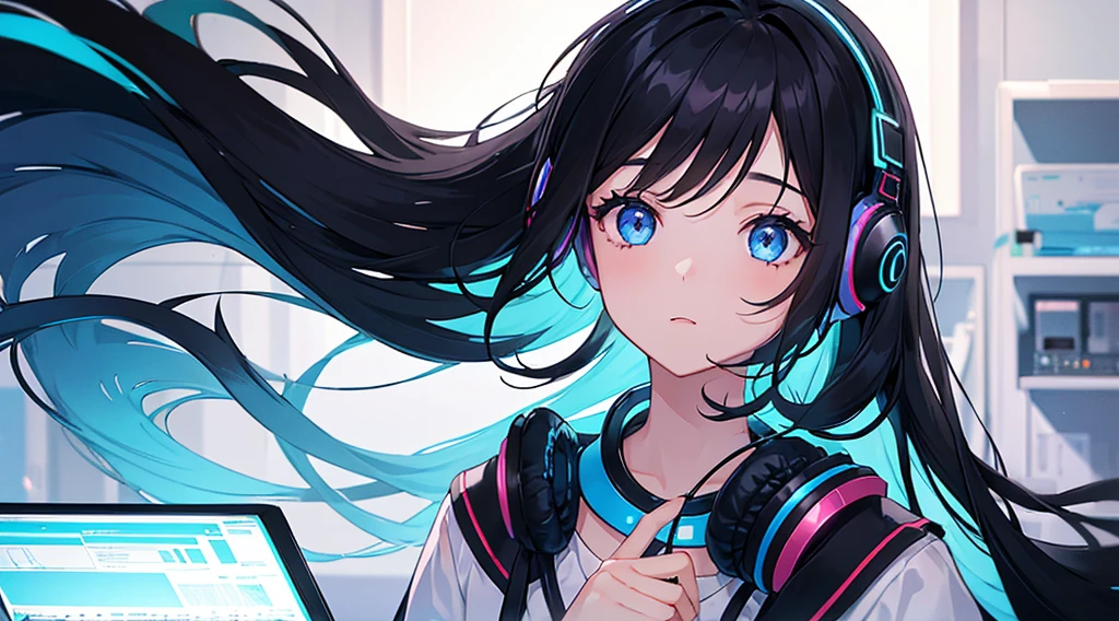 (1girl, black hair, long hair, headphones, the girl is looking up at the ceiling), (dim room, monitor light, blue light)