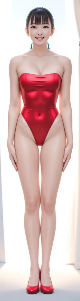 On the white background,A tall and beautiful Chinese girl,with fair skin,Toothy smile,A big smile,When you laugh, Your eyes are crescent-shaped,fringe,Wear a one-piece swimsuit and pumps,Swimsuits are decorated with joyful patterns, Stand up straight,Stand upright,hands on sides,Symmetrical distribution,Ray tracing,All shaded areas,No windows, Soft lighting, Warm light,Without sunlight, Studio light, 1.4x Realistic Ultra HD
