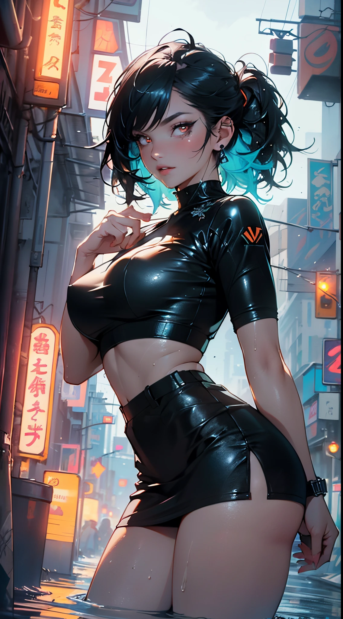 physical trainer girl,(((1girl))),
(large breasts:1.4),saggy breasts,(((ear fins:1.5))),(glowing eyes),(((orange_eyes:1.2))),(((black sclera:1.5))),symmetrical eyes,((fat)),(((lustrous skin:1.5,bright skin: 1.5,skin tanned,shiny skin,very shiny skin,shiny body,plastic glitter skin,exaggerated shiny skin,illuminated skin, wet legs))),(spider lower abdomen,narrow waist,wide hip,athletic body,inflated legs,detailed body,(detailed face)),((twin tail hairstyle, black hair,turquoise highlights hair)),
cute,slutty,seductive,erotic,((nsfw)),
((physical trainer suit)), orange headwear, ((orange skirt, black shirt, white panties)), ((Skirt Lift Front, (skirtliftfront))),((wet clothes,intricate outfit,intricate clothes)),
(dynamic pose:1.0),embarrassed,(centered,scale to fit dimensions,Rule of thirds),
cyberpunk city by the ocean at night, with bright neon signs and dark stormy clouds and puddles, scenery:1.25,nighttime, starry night, cosmos,Very dark night that makes the neon lights stand out, very bright neon lights,
artistic photography,(photography taken by sldr),highres, sharp focus,(ultra detailed, extremely detailed), (photorealistic artwork:1.37),(extremely detailed CG unity 8k wallpaper),((synthwave background theme)),(((vibrant colors))),intricate,(intricate background),(masterpiece),(best quality),perfect rendered face,perfect face details,realistic face,photo realistic,analog style,((intricate detail)),(((realism))),