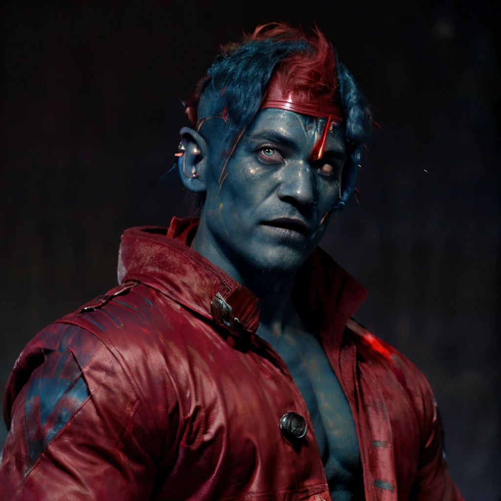 ((masterpiece)), 8k cg, best quality, intricate details, chromatic aberration, close up, ((bust shot)), ((looking at the viewer)), realism, 1man, (((background(((dark background)), fog)), blue skin, old face, muscular face, wide jaw, square face, mature face, chiseled face, smile, closed mouth, no facial hair, (((red eyes))), red mohawk, (yondu, red duster coat, gear), (Yondu), muscular body