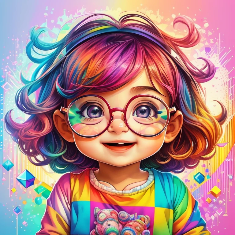 (cute baby girl with glasses smiling),(melhor pose),(best angle), (better expression), Eduardo Kobra acolchoamento ,multidimensional geometric wall PORTRAIT, arte, Chibi,
Yang08k, lindo, Colouring,
Primary works, qualidade superior, melhor qualidade, Arte Oficial, Beautiful and Aesthetic, pelos coloridos,