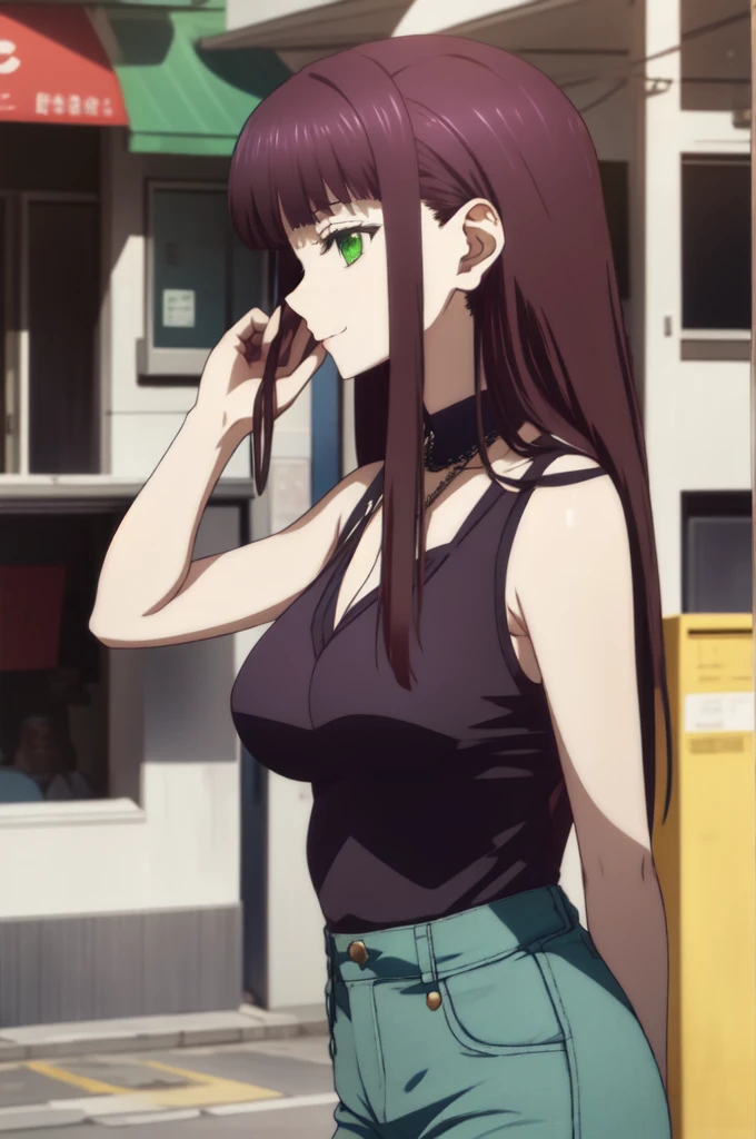 Connect UHD and 8K, hight resolution,Very detailed CG, High quality shadows, Detail Beautiful delicate face, Detail Beautiful delicate eyes,BREAK(Very detailed 8k wallpaper),(Highly detailed CG 8K wallpaper),Makima (chain saw man),Sukasaha (Fate/grand order),Shimohira Reihua ,Hi-Res,Very delicate and beautiful CG illustration,top-quality,Realistic skin feeling,Realistic fabric,Realistic texture,beautiful thigh,big breasts thin waist,(((masutepiece))), (((Best Quality))),8K,32K,masterpiece,beautiful alluring anime woman,ultra-definition,ultra-detailliert,hight resolution,a hyperrealistic schoolgirl,masuter piece, Best Quality, High quality, High Definition, high quality texture, high quality shadow, high detailing,finely detail,1girl in,High school students,Solo,Soio,Only one person,Alone,One Person,tall,AS-Adult,Mature atmosphere,Leg length,neat and long legs,8 Head Body,stature:171cm,Mature girls,Reddish-purple hair,Reddish-purple hair,Purple hair,cassis colored hair,silky and smooth hair,Colorful hair,Straight hair,Smile,Smiling happily,lively expression,Cute smile,Cool Beauty,Beautuful Women,Neat face, Beautiful realism,Seductive look,Bewitching look,serene expressions,beautiful hairl,She wears a necklace around her neck,Necklace,bead necklace,magatama accessories,A slight smil,Colorful eyes,green colored eyes,Jade-colored eyes,beautidful eyes,Bright eye,Delicat eyes,Eyes Like Gems,Jade Eyes,Hanging eyes,(Green eyes:1.5),Seductive face,,Sleeveless,turtle neck,Sweaters,JINS,Blue Denim Pants,Women's Bags,Shoulder back,during daytime,Urban area,Walking,holiday,takeout,Bustling street,lo fashion,blue-sky,Building Street,Model photo,lunch,out,takeout,Watching the viewer