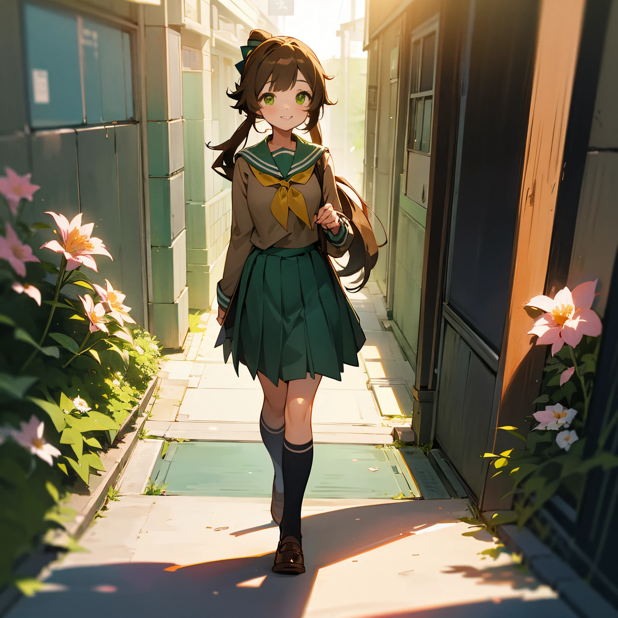 1female, young adult, long brown curly ponytail, finely detailed green eyes, sailor uniform , standing on path, walking down alley, light smile, flowers, best lighting and shadows, tokyo
