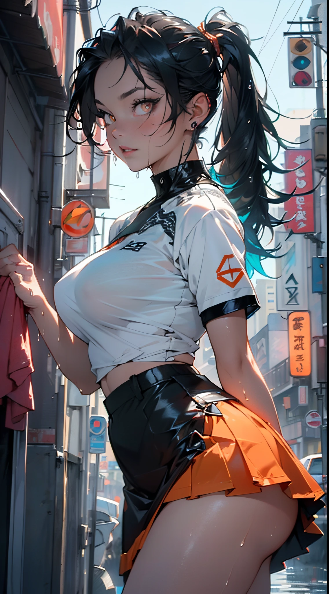 physical trainer girl,(((1girl))),
(large breasts:1.4),saggy breasts,(((ear fins:1.5))),(glowing eyes),(((orange_eyes:1.2))),(((black sclera:1.5))),symmetrical eyes,((fat)),(((lustrous skin:1.5,bright skin: 1.5,skin tanned,shiny skin,very shiny skin,shiny body,plastic glitter skin,exaggerated shiny skin,illuminated skin, wet legs))),(spider lower abdomen,narrow waist,wide hip,athletic body,inflated legs,detailed body,(detailed face)),((twin tail hairstyle, black hair,turquoise highlights hair)),
cute,slutty,seductive,erotic,((nsfw)),
((physical trainer suit)), orange headwear, ((orange skirt, black shirt, white panties)), ((Skirt Lift Front, (skirtliftfront))),((wet clothes,intricate outfit,intricate clothes)),
(dynamic pose:1.0),embarrassed,(centered,scale to fit dimensions,Rule of thirds),
cyberpunk city by the ocean at night, with bright neon signs and dark stormy clouds and puddles, scenery:1.25,nighttime, starry night, cosmos,Very dark night that makes the neon lights stand out, very bright neon lights,
artistic photography,(photography taken by sldr),highres, sharp focus,(ultra detailed, extremely detailed), (photorealistic artwork:1.37),(extremely detailed CG unity 8k wallpaper),((synthwave background theme)),(((vibrant colors))),intricate,(intricate background),(masterpiece),(best quality),perfect rendered face,perfect face details,realistic face,photo realistic,analog style,((intricate detail)),(((realism))),