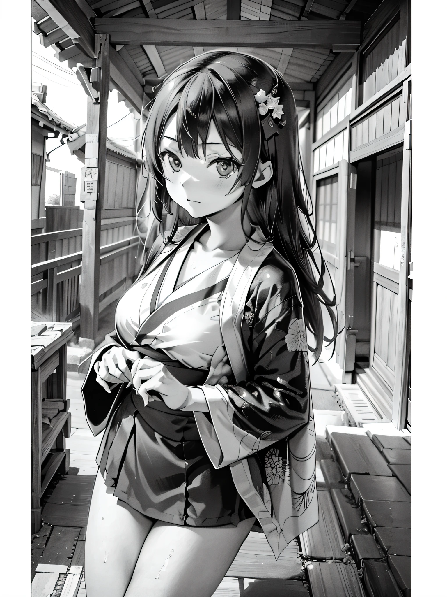 black and white manga style, Highly Detailed, Masterpiece, Hyper detailed, Illustration, (1 girl, ************ japanese woman figure), (wearing kimono), in the shrine, cinematic shot, ((manga, manga style, black and white)), sketch, pencil strokes