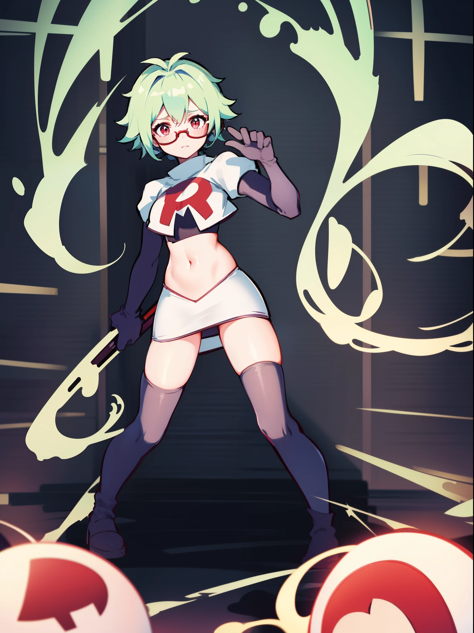 sucrose \(genshin impact\), glasses,team rocket,team rocket uniform, red letter R, white skirt,white crop top,black thigh-highs,black elbow gloves