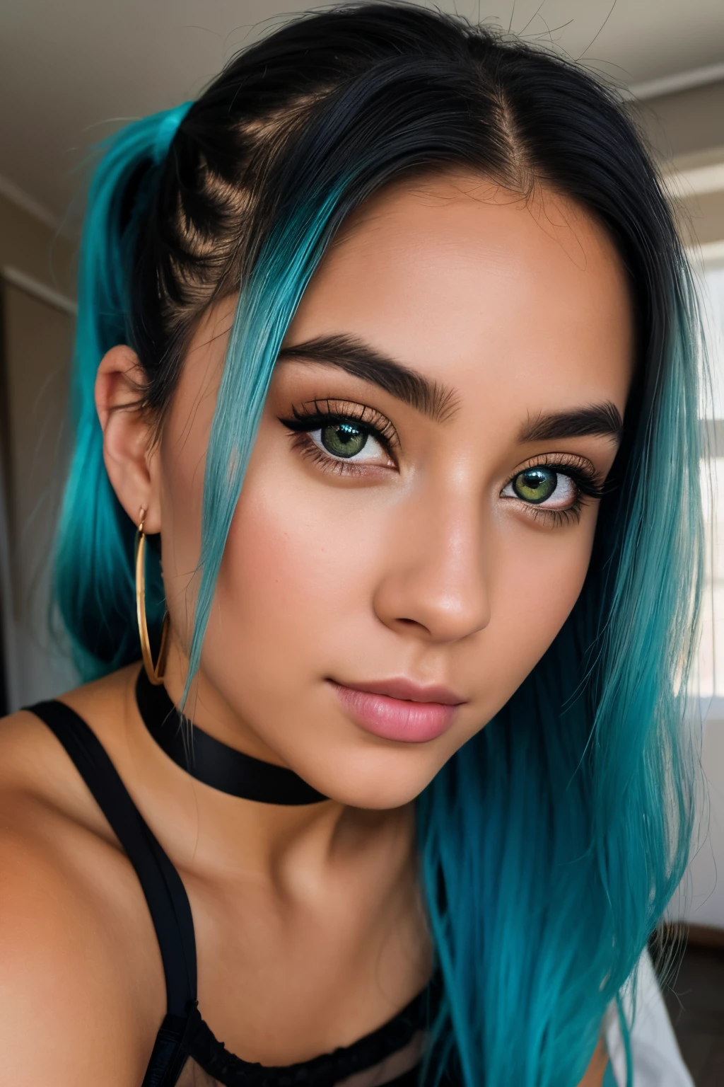 photo of (emikin:0.99), woman as a sexy TikTok influencer, cobalt hair, blue hair , teal hair , twintails, piggy tails, indoors , modelstyle photoshoot, full body pose , black lingerie , black choker sitting in bedroom , photo frames in background , cleavage, sexy , seductive (extremely detailed CG unity 8k wallpaper), photo of the most beautiful artwork in the world, professional majestic (photography by Steve McCurry), 8k uhd, dslr, film grain, Fujifilm XT3 sharp focus, f 5.6, High Detail, Sharp focus, dramatic, (looking at viewer:1.2), (detailed pupils:1.3), (natural light), (seductive) , (masterpiece:1.3), (8k, photorealistic, RAW photo, best quality: 1.4), (1girl), beautiful face, (realistic face), beautiful hairstyle, realistic eyes, beautiful detailed eyes, (realistic skin), beautiful skin, absurdres, attractive, ultra high res, ultra realistic, highly detailed, golden ratio