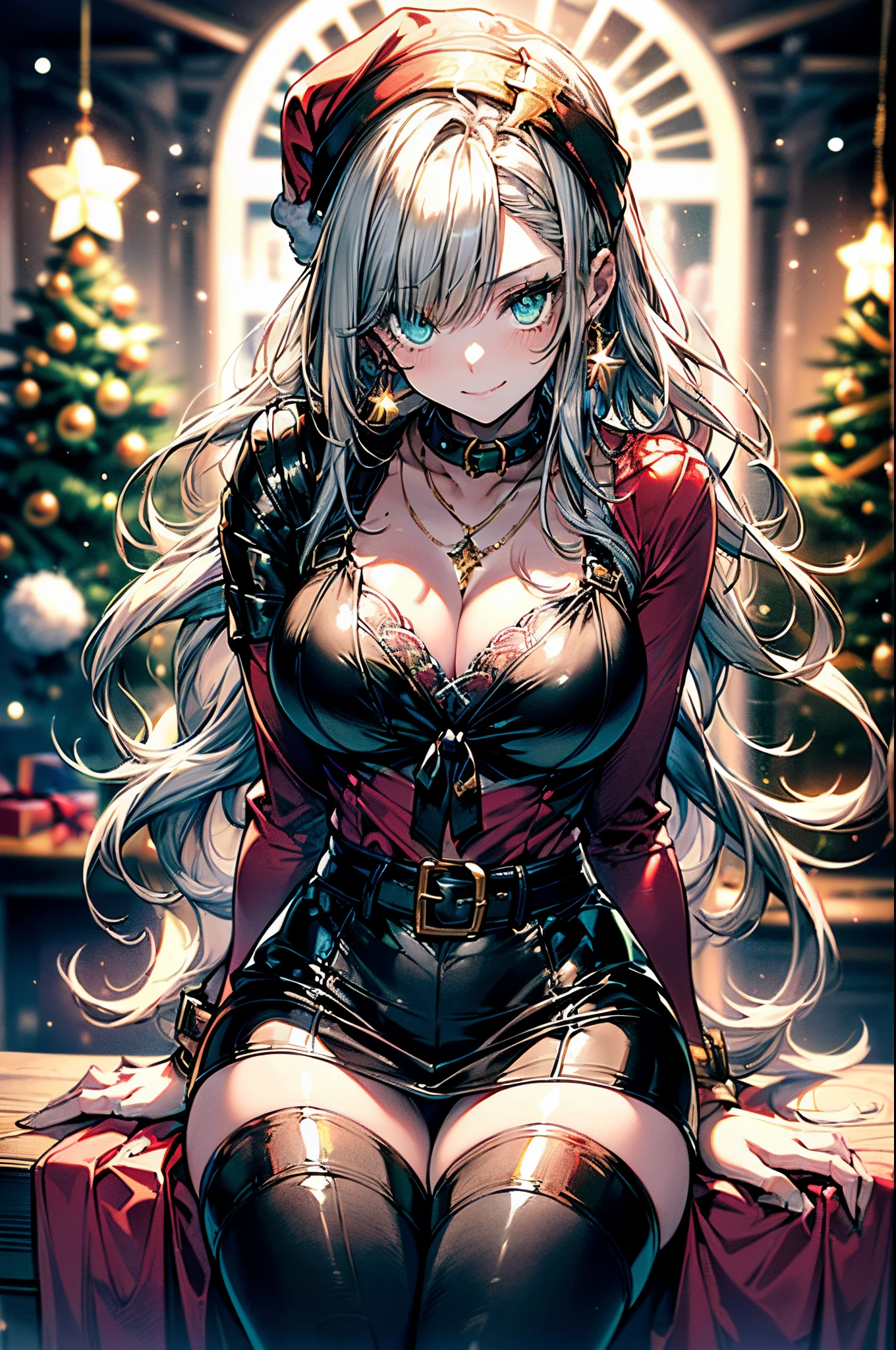 (Scine of Xmas events in Home party:1.3), ((matured girl wearing Sexy Santa clause costume with far:1.3, red dress with green, holding a present box in both hands to give viewers:1.2, close to viewers:1.2, harass sexually:1.25)), a matured woman with long black hair and a red outfit, red winter coat with bore, scarfs, green ribbon tie, knee length long boots, red and green winter outfits, holding present box with wrapping by ribbon:1.5, Christmas tree decorated with many ornaments:1.2, white bags on a sled, wearing red pencil skirt, bodyesbian, fine details, beautiful anime illustration, 26 years old, (milf:1.3), (solo:1.5), (sfw:1.25), (sagging breast, fuge breasts, big tits, thin waist, big ass:1.2), Raised sexy, (dark mahogany medium short hair, updo, hair over one eye, asymmetric hair, Carly hair, low tied braids), (musulman, white Headscarfs, hair bands, head vandage, Turban), (ultra high resolution, 8K RAW photo, photo realistics, thin outline:1.3, clear focus), best qualtiy, cinematic lighting, textile shading, blurry back ground, field of depth, bokeh, (Bright pupils, fine detailed beautiful eyes with highlight:1.3, super detailed eyes, high detailed face), Red lip, fine realistic skins:1.1, looking at viewers:1.3, (dynamic angle:1.3, full body:0.6, front view:1.1, breast focus:1.3, from above:1.2), (dynamic posing:1.5, sexy posing:1.2, sitting with holding knees:1.3, leaning forward:1.4), (seductive, shy happy smile:1.4), centered image, (wearing red long coat with bore and clothes, ((bare breast:1.37)), gold ornaments, rolling red clothes around waist, dark red long leather boots:1.3, translucent white lace pantyhose), (((correct anatomy:1.5, perfect hands:1.5, ideal ratio body proportions:1.37))), (in a night:1.3),