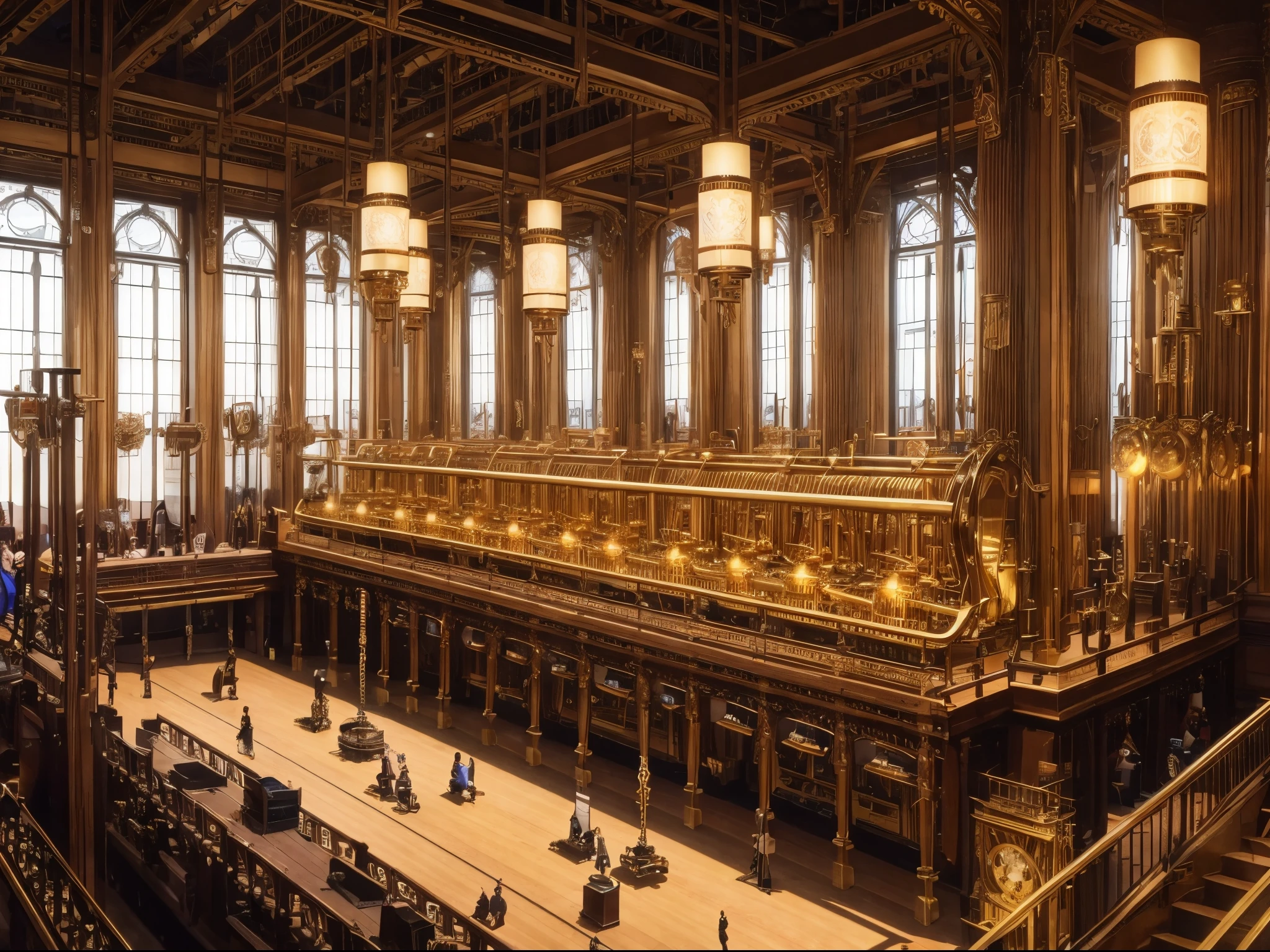 Combine the elegance of Victorian-era machinery with AI-generated music, depicting a steampunk world where brass instruments and clockwork mechanisms produce a harmonious blend of sound and visuals. enormous tits