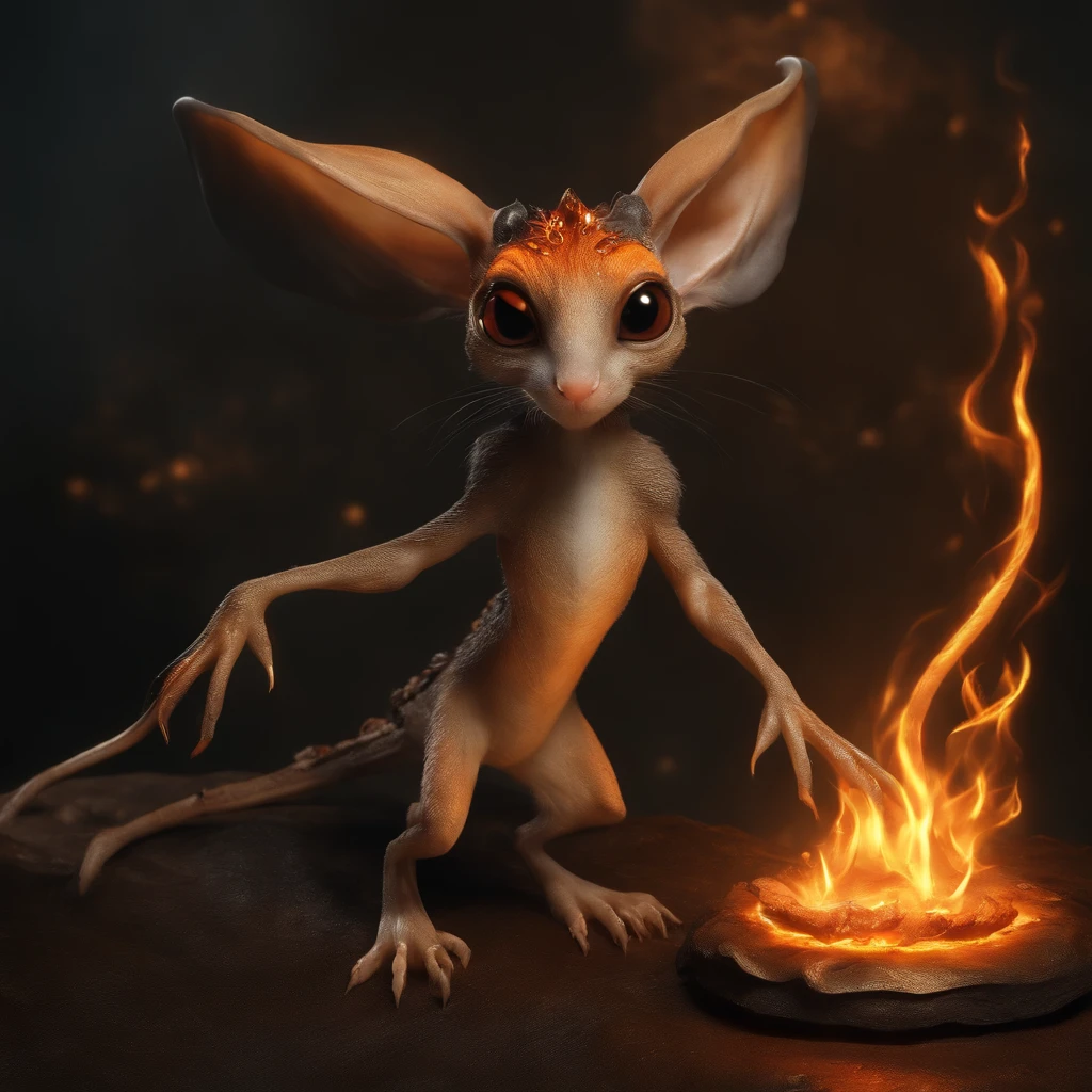 troll, jerboa-like, Huge eyes, large ears, trunk-shaped nose, bright orange and brown, long tail, engulfed in silver flames, flame clothes, Best Quality, Masterpiece, in style of dark fantasy art