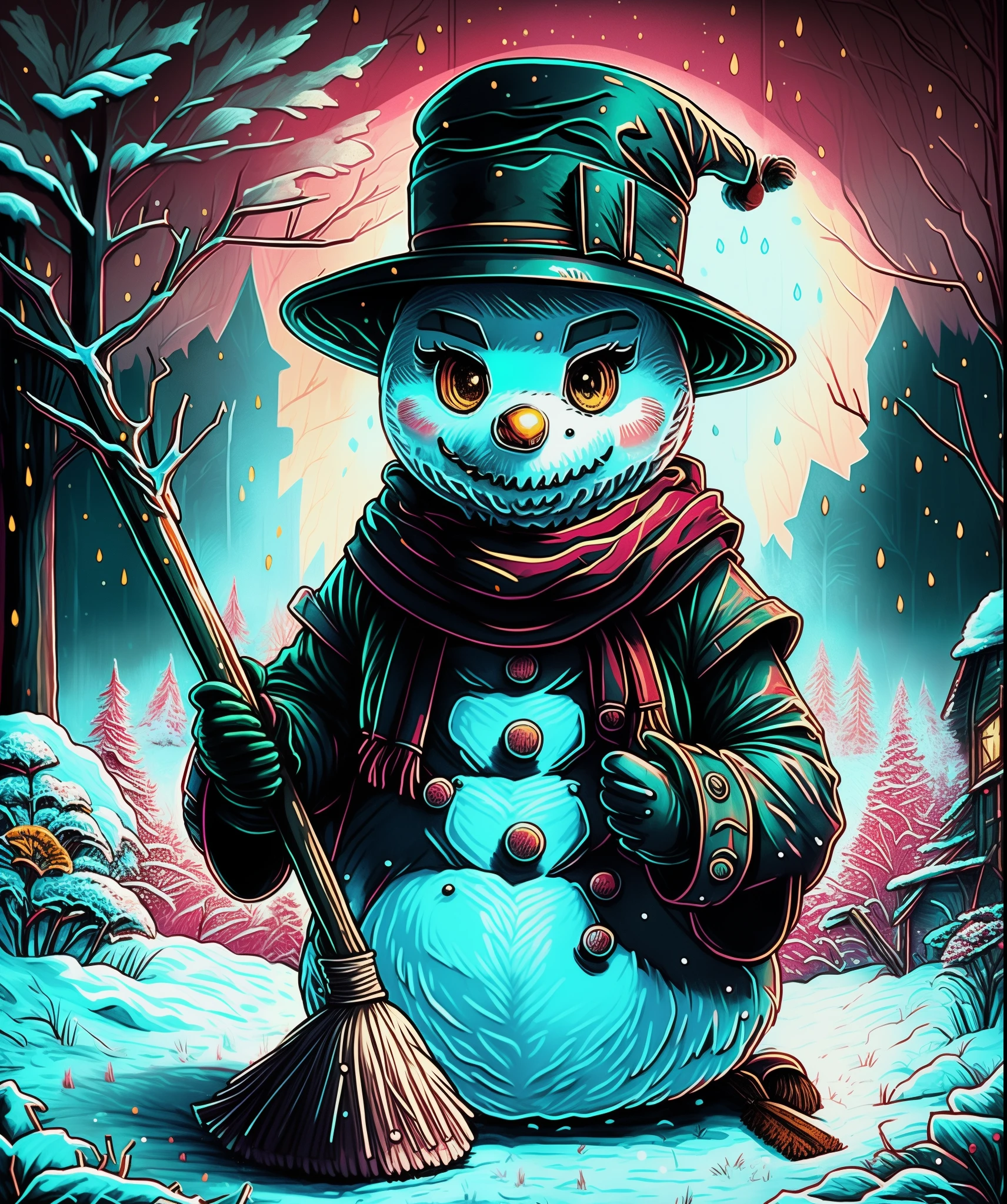 A high-resolution image of a cute snowman holding a broom, pronto para varrer a neve, criando uma cena visualmente divertida e trabalhadora.