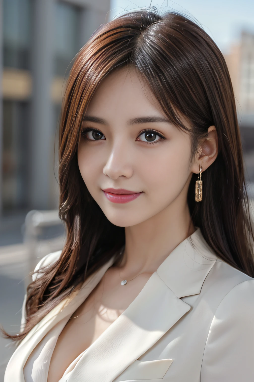 masutepiece, Best Quality, Photorealistic, Ultra-detailed, finely detail, High resolution, 8K Wallpaper, 1 beautiful woman,, light brown messy hair, in a business suit, foco nítido, Perfect dynamic composition, Beautiful detailed eyes, detailed hairs, Detailed realistic skin texture, Smiling, Close-up portrait, Model body type