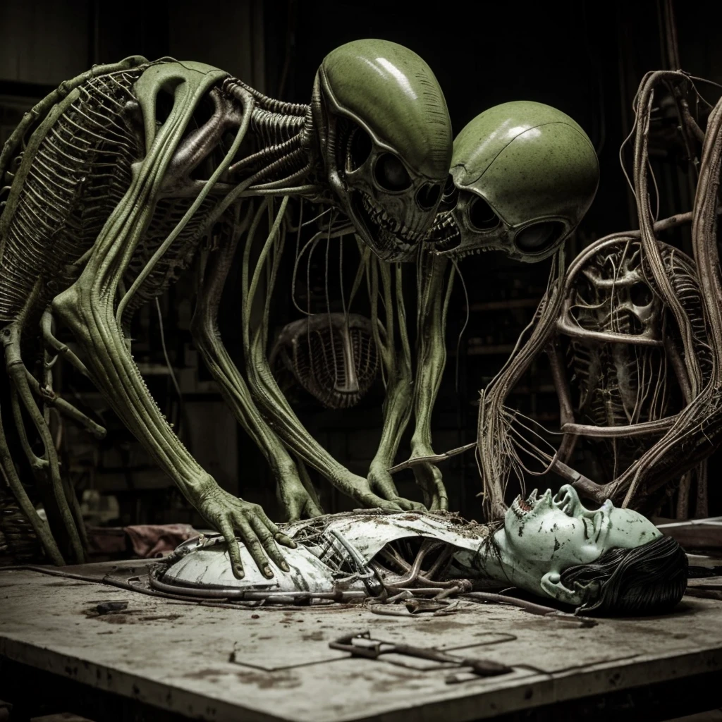 Terrifying Alien Autopsy in grunge dirty style. A dark and dingy room. A group of scientists in white coats huddle around a long metal table. On the table, a large, alien body lies exposed. The body is covered in strange, pulsing veins. Its skin is a sickly green color. Its eyes are large and black, with no pupils. Its mouth is filled with sharp, pointed teeth.