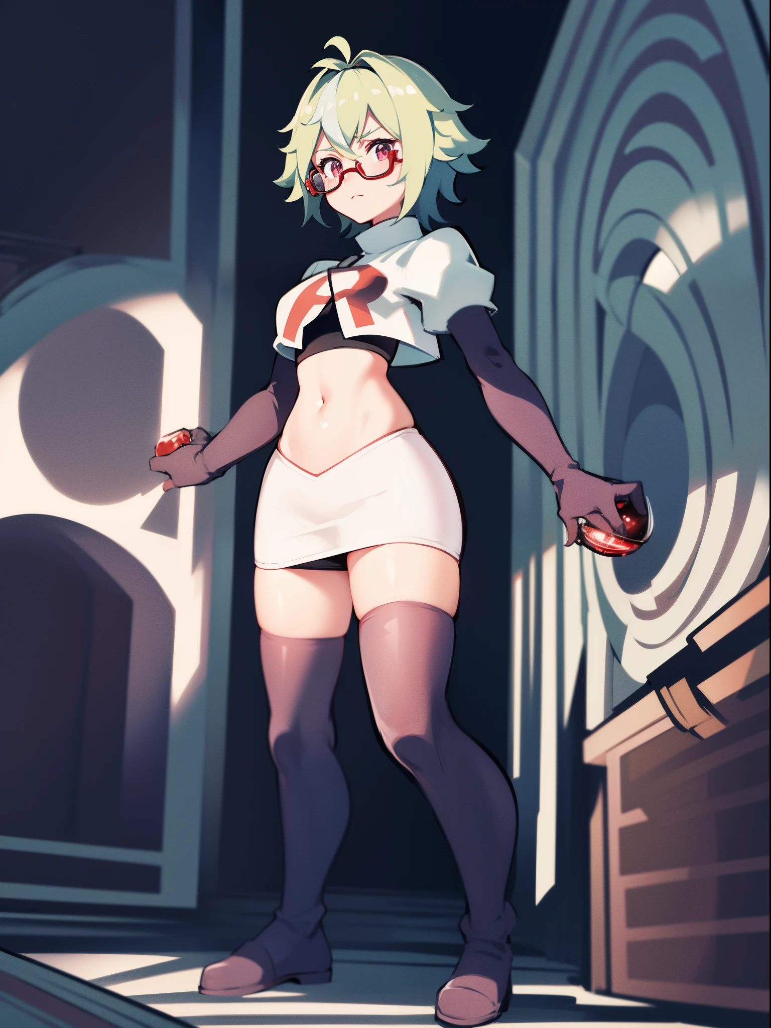 sucrose \(genshin impact\), glasses,team rocket,team rocket uniform, red letter R, white skirt,white crop top,black thigh-highs,black elbow gloves