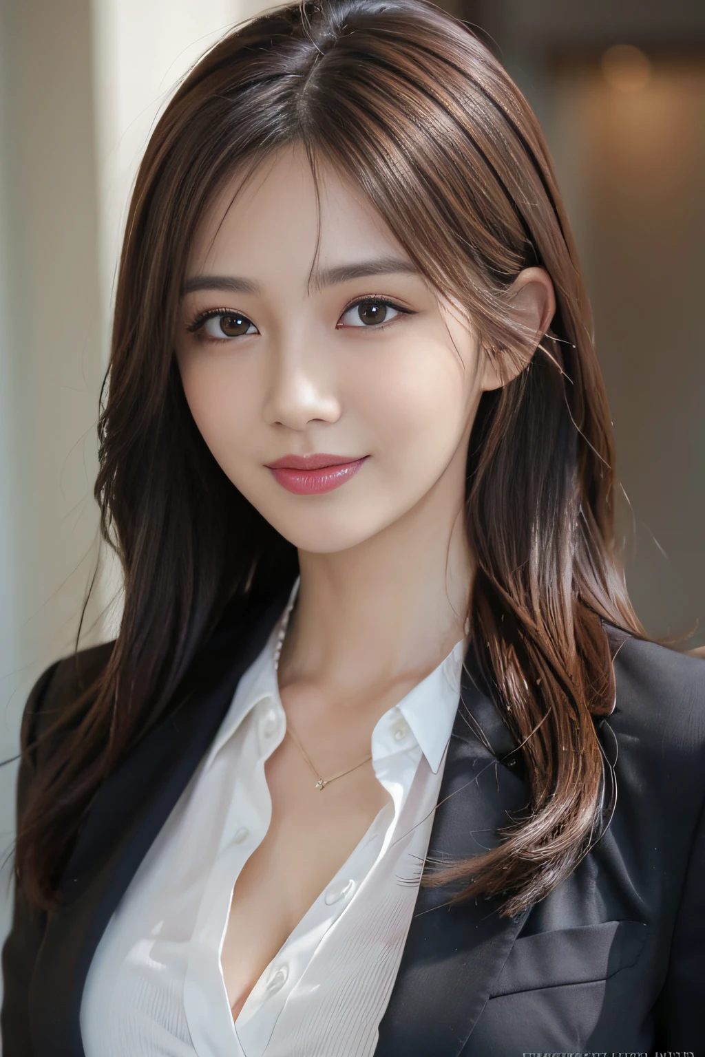 masutepiece, Best Quality, Photorealistic, Ultra-detailed, finely detail, High resolution, 8K Wallpaper, 1 beautiful woman,, light brown messy hair, in a business suit, foco nítido, Perfect dynamic composition, Beautiful detailed eyes, detailed hairs, Detailed realistic skin texture, Smiling, Close-up portrait, Model body type