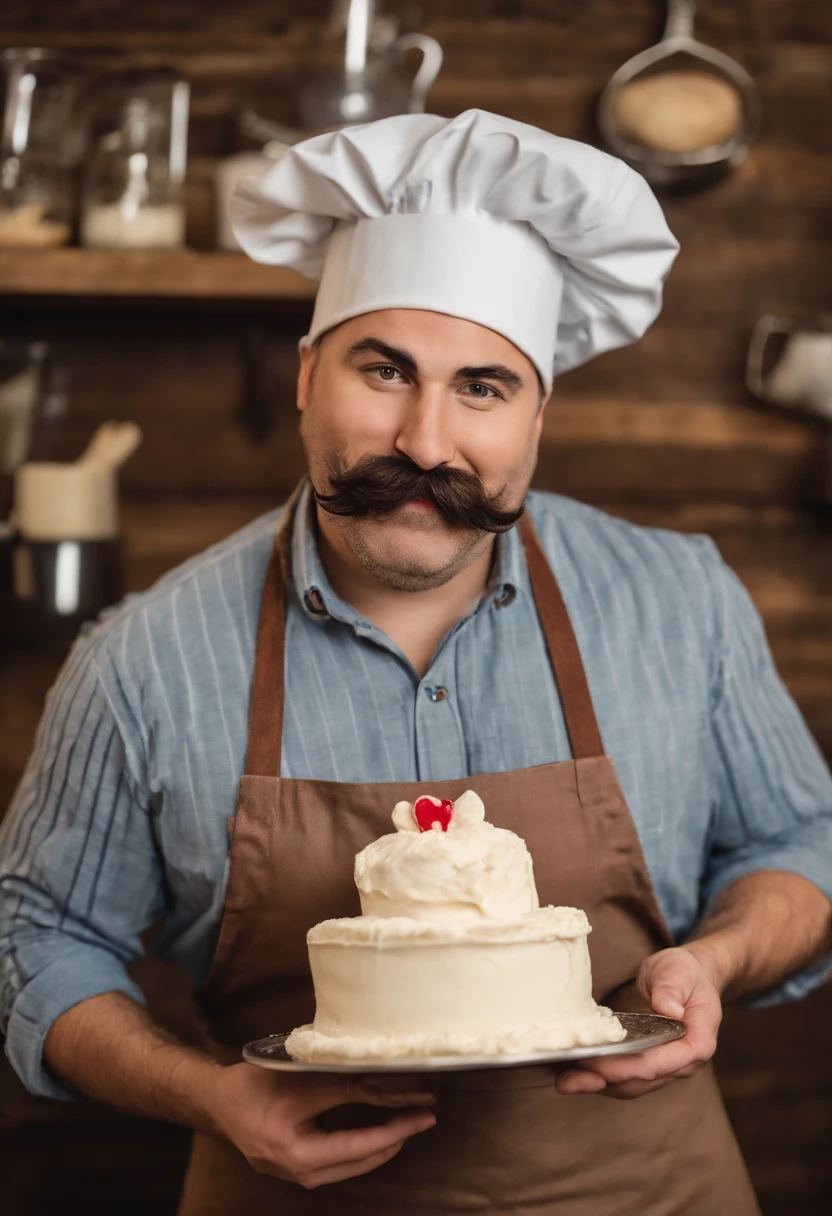 A photo of Timothy wearing a cake-themed apron and chef's hat, awkwardly attempting to flirt with a bag of flour while holding a heart-shaped whisk and making a funny face.,original,Hipster, mustache, man, wears mariners hat,, male