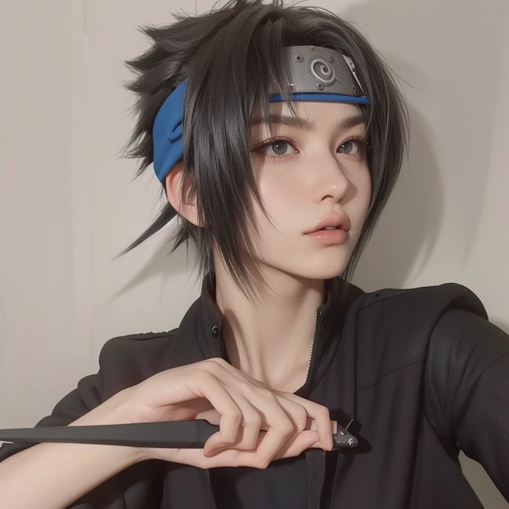 young man, pale skin, spiky black hair, black eyes, big lips, white clothes, Sasuke Uchiha, realistic, 3d, forest, sword