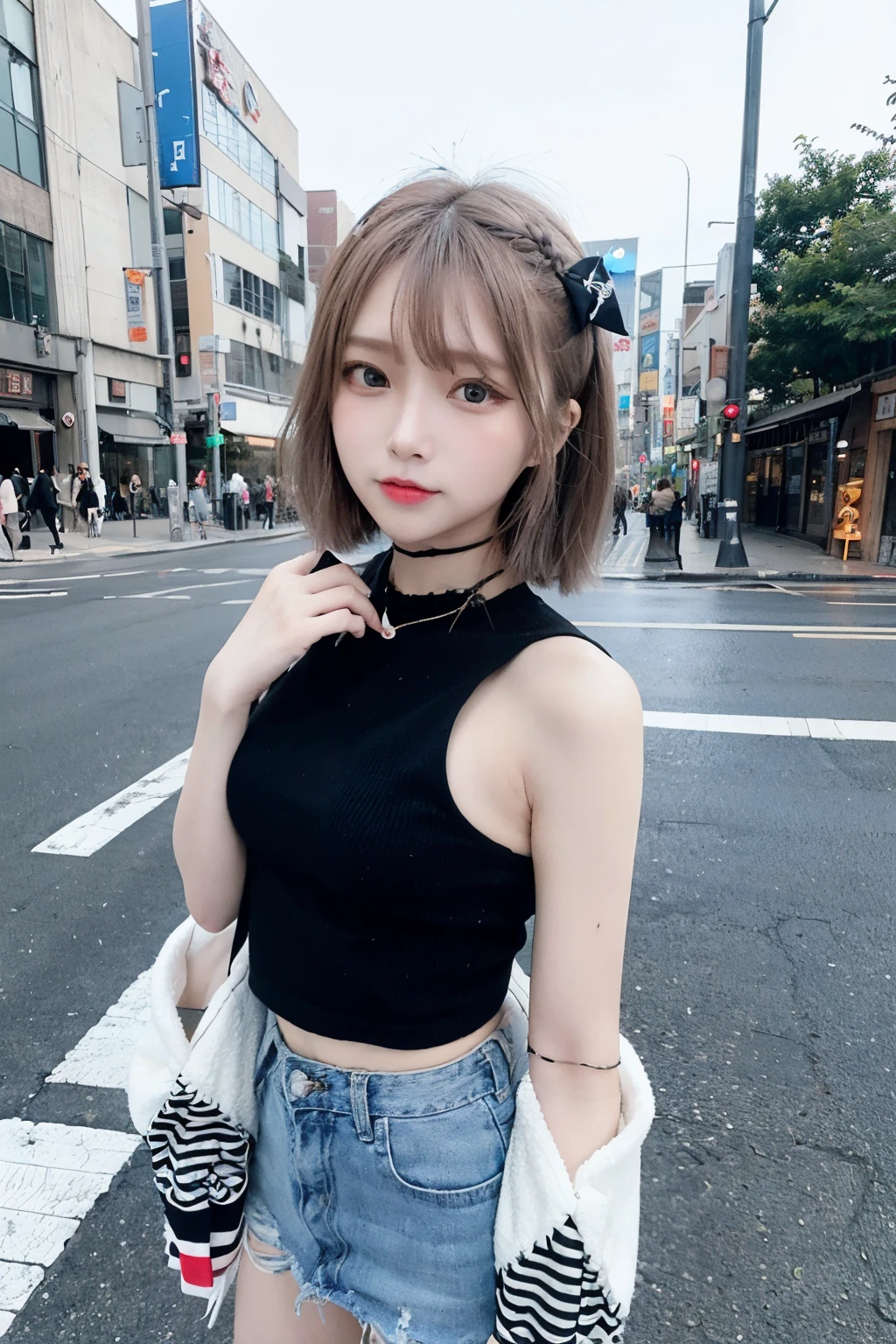 (8K、Raw photography、top-quality、masterpiece:1.2)、(realisitic、Photorealsitic:1.37)、1 girl in、 only、cute little、adolable、(blue eyess)、(Shy smile:0.4)、(独奏)、详细的脸、oval-face、Thin almond eyes、straight short hair、Ash brown hair、Hair over one eye、A slender、medium breasts、punk rock fashion wear、Dramatic Angle、In the street、Harajuku、small head、(Facing the other side)、teens girl