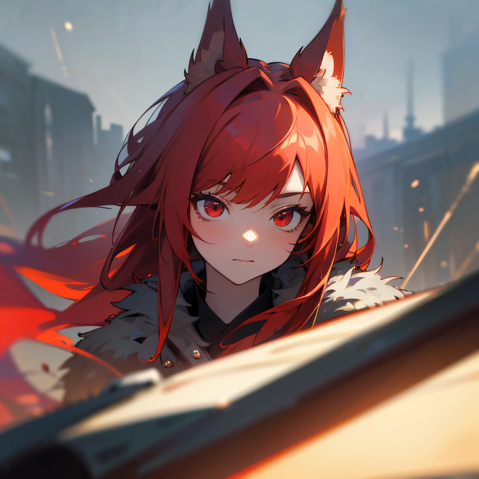 (best quality,highres,masterpiece:1.2),ultra-detailed,(HDR,UHD),(vivid colors:0.9),(physically-based rendering:1.1),bokeh,extreme detail description,portraits,landscape,studio lighting,color tone:cool tones,(sharp focus:1.1),fur pelt coat,red eyes,long greyish red hair,martial arts clothing