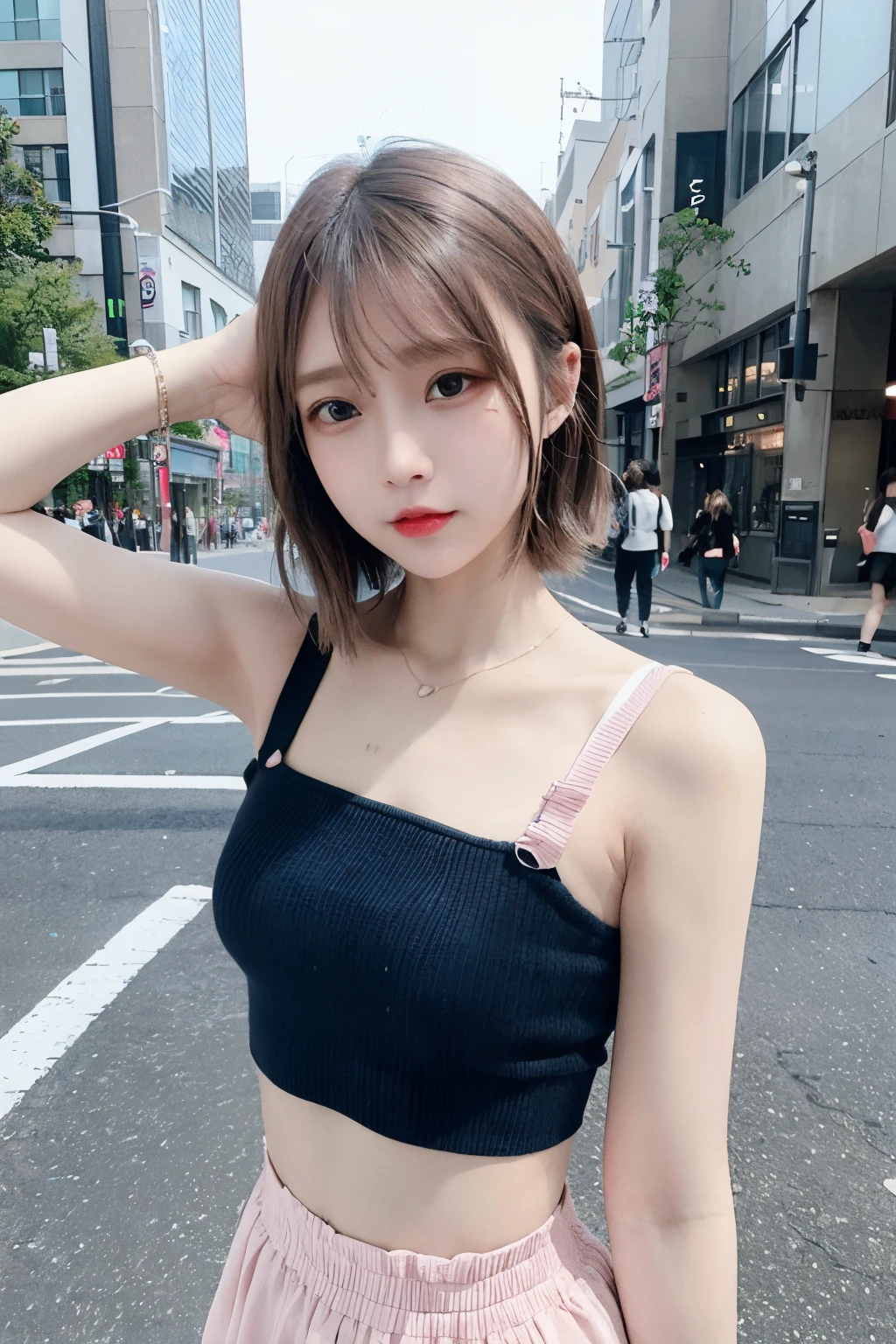 (8K、Raw photography、top-quality、masterpiece:1.2)、(realisitic、Photorealsitic:1.37)、1 girl in、16 only、cute little、adolable、(blue eyess)、(Shy smile:0.4)、(独奏)、详细的脸、oval-face、Thin almond eyes、(Straight short hair:1.4)、Ash brown hair、Hair over one eye、A slender、medium breasts、punk rock fashion wear、Dramatic Angle、In the street、Harajuku、small head、(Facing the other side)、teens girl