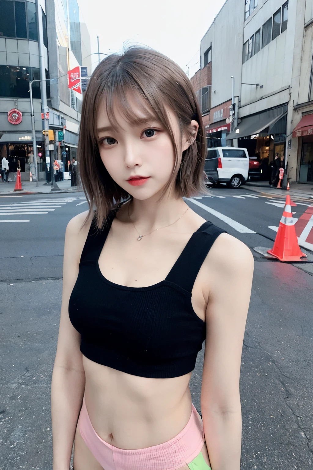 (8K、Raw photography、top-quality、masterpiece:1.2)、(realisitic、Photorealsitic:1.37)、1 girl in、 only、cute little、adolable、(blue eyess)、(Shy smile:0.4)、(独奏)、详细的脸、oval-face、Thin almond eyes、(Straight short hair:1.4)、Ash brown hair、Hair over one eye、A slender、medium breasts、punk rock fashion wear、Dramatic Angle、In the street、Harajuku、small head、(Facing the other side)、teens girl