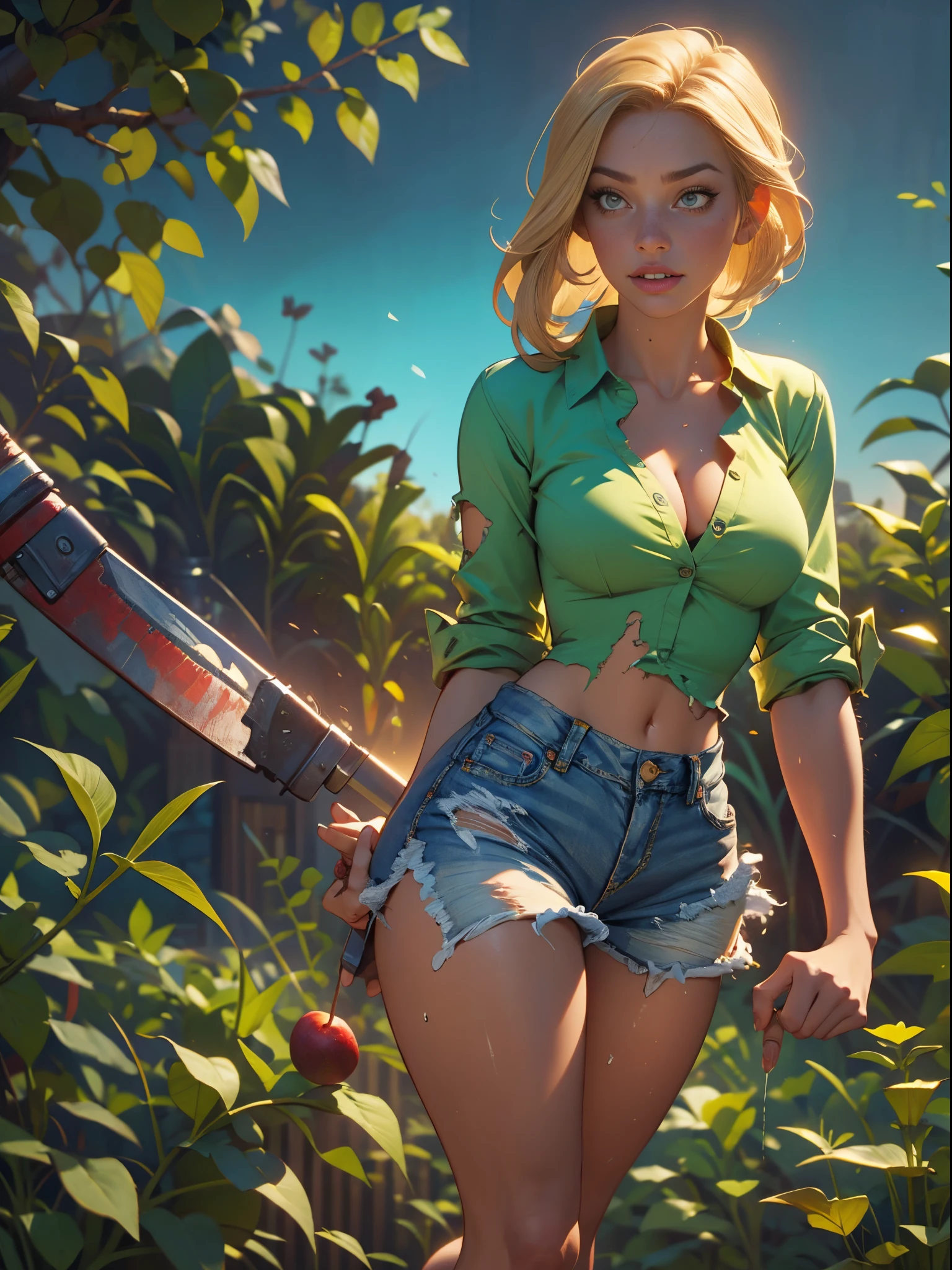 2076 year. The Urban Ruins of the Wasteland, Female huntress picking fruit in the garden, beautiful face, blonde, badly torn shirt and denim shorts , long legs, sweating through, sun rising, Nice warm colors, head to toe, full body shot, pretty hands, perfect fingers,