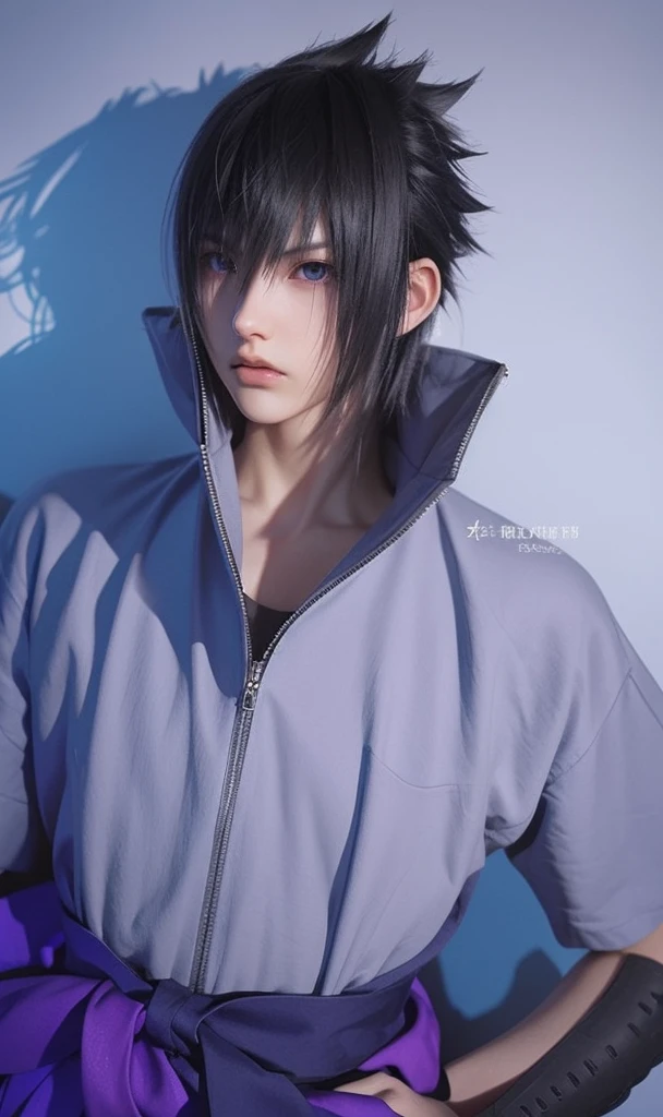 young man, pale skin, spiky black hair, black eyes, big lips, white clothes, Sasuke Uchiha, realistic, 3d, forest, sword