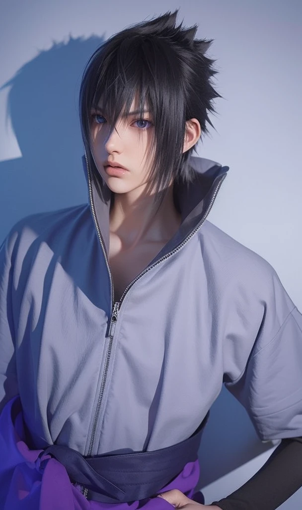 young man, pale skin, spiky black hair, black eyes, big lips, white clothes, Sasuke Uchiha, realistic, 3d, forest, sword