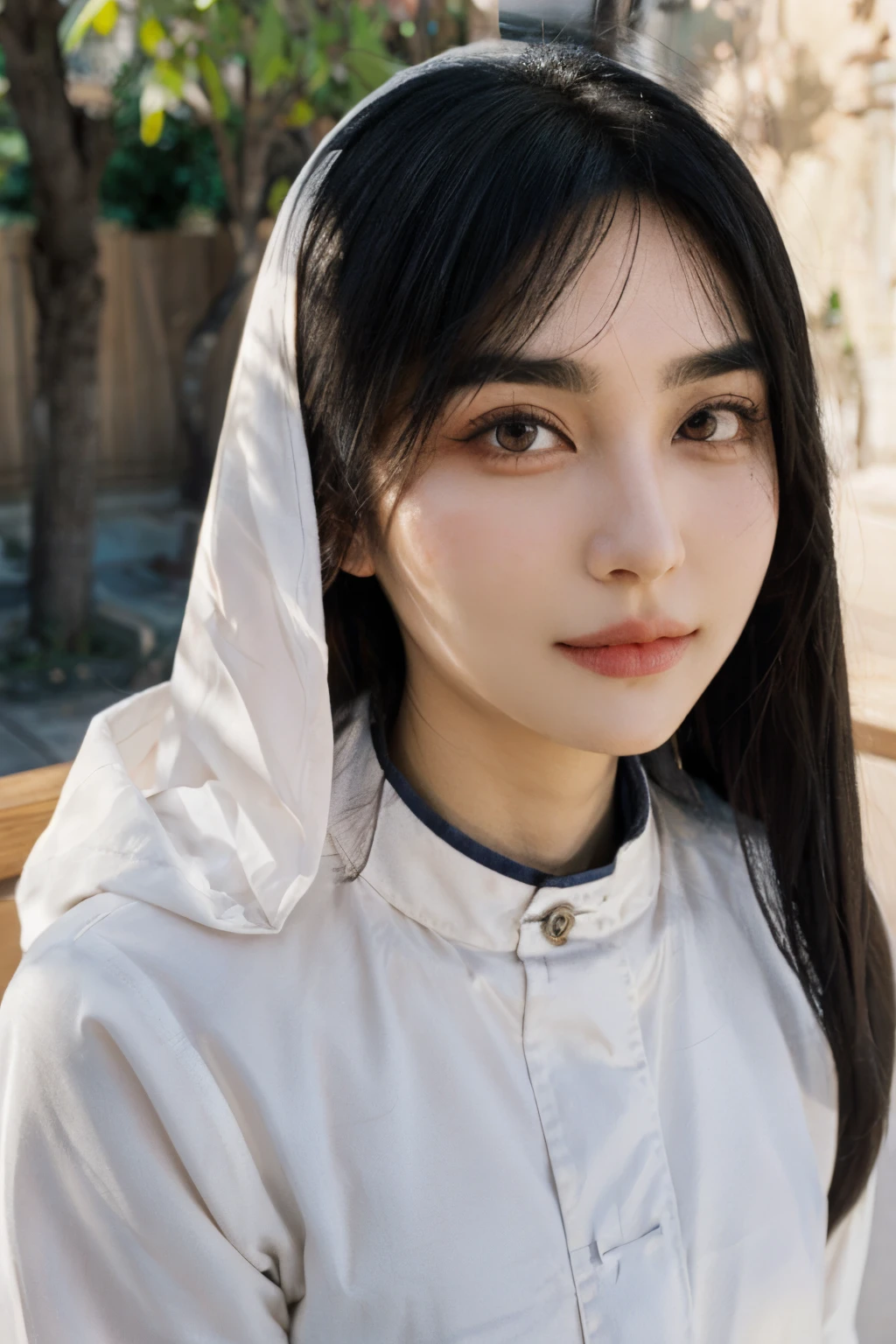 An Iranian girl with elongated face and eyes, relatively thin eyebrows and straight hair