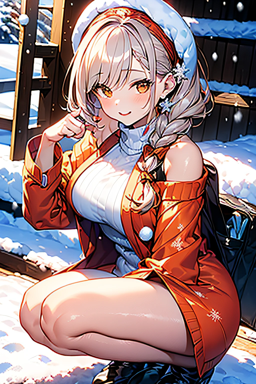 (ukiyoe painting:1.3),(3D Animation:1.3),(((Beautiful snowflake pattern dancing in the air:1.3))),(((squat in the snow:1.3))),(covered in snow:1.3),(((Snow on the body:1.3))),(Make the subject look three-dimensional with the contrast of light and shadow),(((Winter snowy mountain climbing scenery:1.3))),(((Against the backdrop of the morning sun))),cute and beautiful adult woman,Cute round face,Cute smile,with blush cheeks,Red Lip,(((Orange Open Short Duffle Coat:1.3))),(((Off-the-shoulder sweater dresses:1.3))),Knitted hats,long boots,gloves,(silver white hair,Floral braided headband,half up、Floral Braided Space Van,Voluminous Fishtail Braids,Twisted chignon,),(Bangs are see-through bangs),hair pin,hair adornments,(((Emphasize large breasts:1.3))),breast slip,detailed clothes features,Detailed hair features,detailed facial features,(Dynamic angles),(Dynamic and sexy poses),profetional lighting,Cinematic Light,(masutepiece,top-quality,Ultra-high resolution output image, depth of fields,) ,(32k quality,depth of fields,Anatomically accurate facial structure,),(Sea Art 2 Mode:1.3),(Image Mode Ultra HD,)