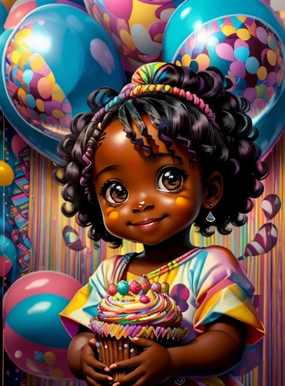 (cute black  girl with a cupcake and ballons smiling),(melhor pose),(best angle), (better expression), Eduardo Kobra acolchoamento ,multidimensional geometric wall PORTRAIT, arte, Chibi,
Yang08k, lindo, Colouring,
Primary works, qualidade superior, melhor qualidade, Arte Oficial, Beautiful and Aesthetic, pelos coloridos,