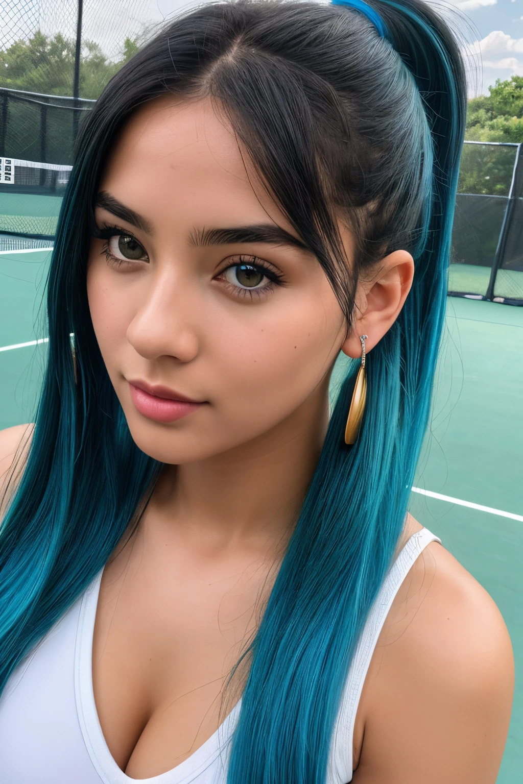photo of (emikin:0.99), woman as a sexy TikTok influencer, cobalt hair, blue hair , teal hair , twintails, hair plats , outdoors , outdoor tennis court , tennis balls on the ground , modelstyle photoshoot, full body pose , wearing white tennis dress , white clothes , playing tennis , tennis court in background, cleavage, sexy , seductive (extremely detailed CG unity 8k wallpaper), photo of the most beautiful artwork in the world, professional majestic (photography by Steve McCurry), 8k uhd, dslr, film grain, Fujifilm XT3 sharp focus, f 5.6, High Detail, Sharp focus, dramatic, (looking at viewer:1.2), (detailed pupils:1.3), (natural light), (seductive) , (masterpiece:1.3), (8k, photorealistic, RAW photo, best quality: 1.4), (1girl), beautiful face, (realistic face), beautiful hairstyle, realistic eyes, beautiful detailed eyes, (realistic skin), beautiful skin, absurdres, attractive, ultra high res, ultra realistic, highly detailed, golden ratio