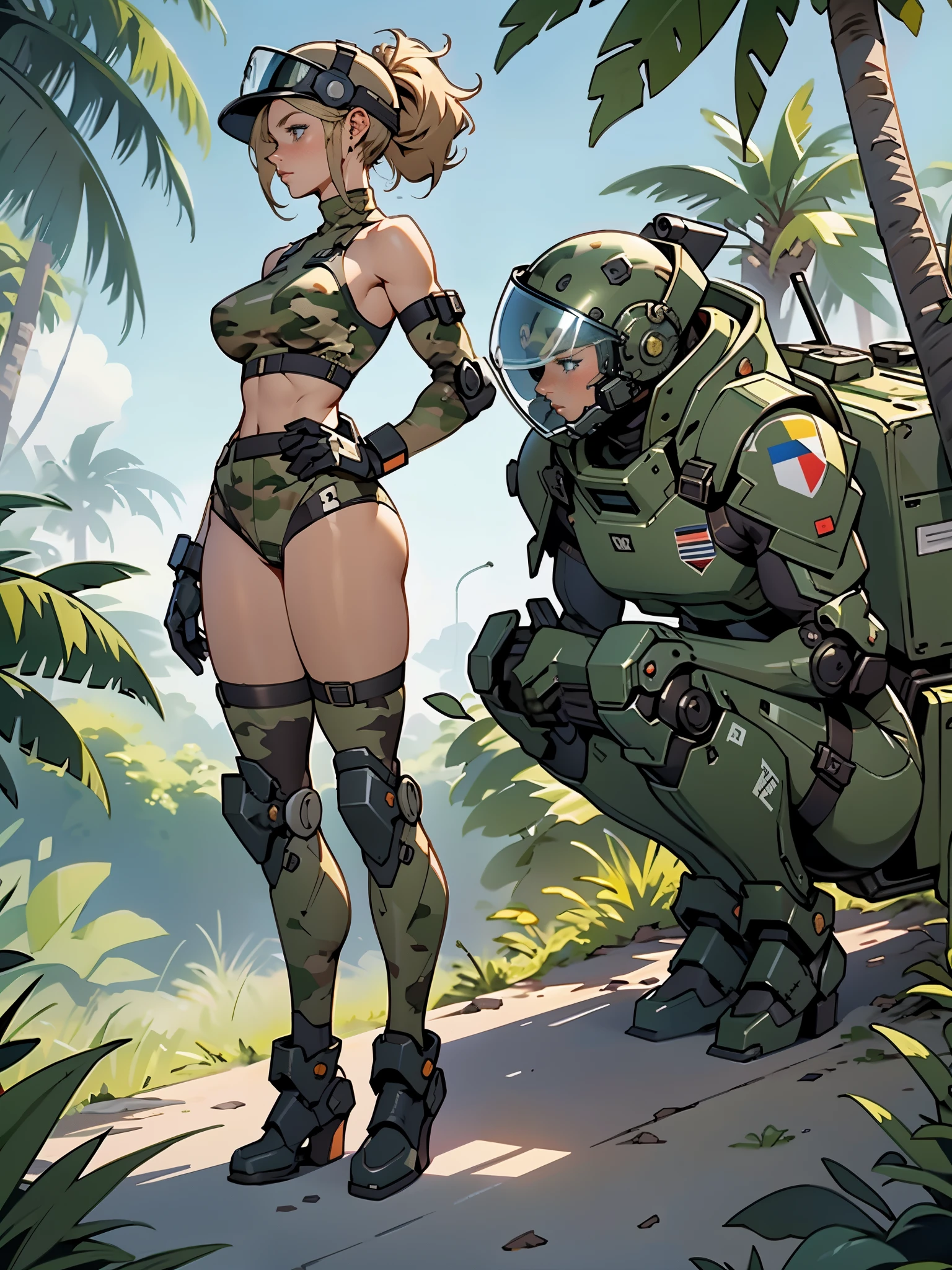 1woman 20 years old, max resolution, sculpted, military, wearing an army helmet, beautiful, perfect body, blonde hair, blue eyes, perfect body, thin waist, wide hips, large breasts, slim thighs, jungle background, armored vehicle, military robot dog, camouflaged uniform, tight panties, two-piece, highly detailed, high resolution, perfect hands, side view, camo, bare shoulders, crouching, full body shot