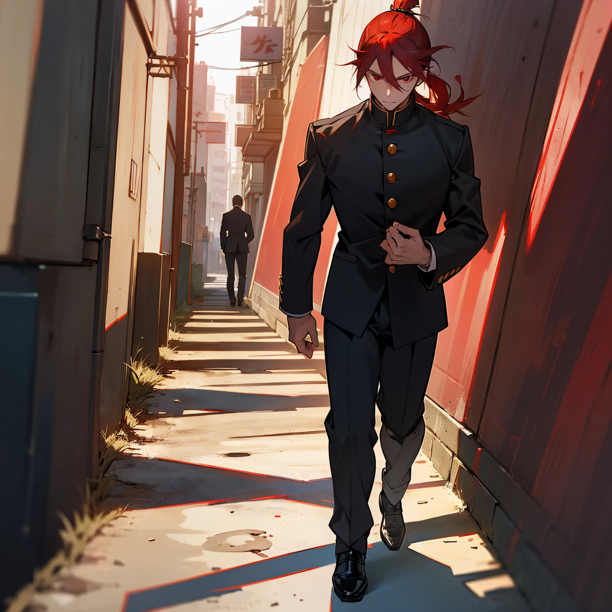 1male, young adult, short red low ponytail, finely detailed red eyes, gakuran uniform, standing on path, walking down alley, best lighting and shadows, tokyo, delinquent