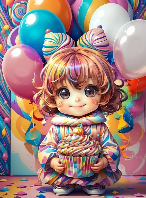 (cute baby girl with a cupcake and ballons smiling),(melhor pose),(best angle), (better expression), Eduardo Kobra acolchoamento ,multidimensional geometric wall PORTRAIT, arte, Chibi,
Yang08k, lindo, Colouring,
Primary works, qualidade superior, melhor qualidade, Arte Oficial, Beautiful and Aesthetic, pelos coloridos,