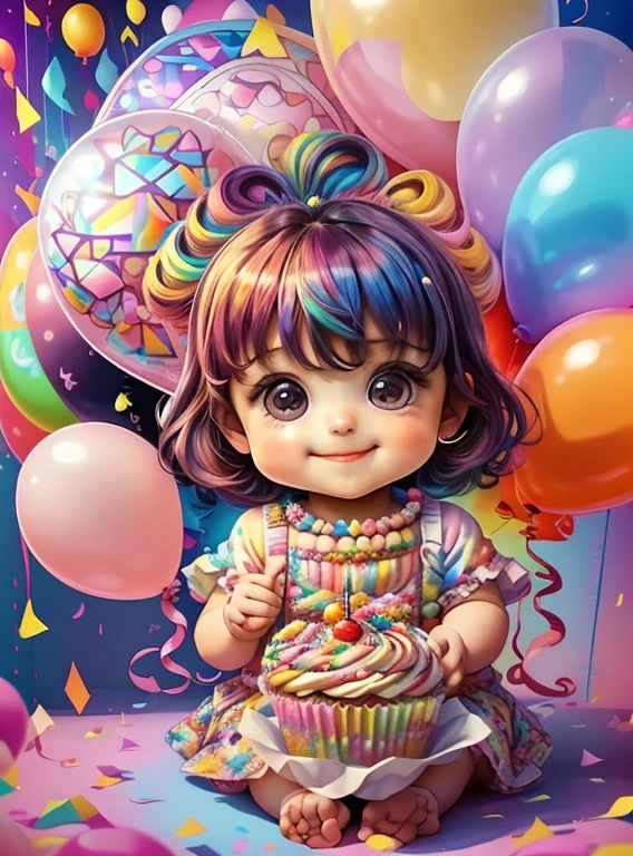 (cute baby girl with a cupcake and ballons smiling),(melhor pose),(best angle), (better expression), Eduardo Kobra acolchoamento ,multidimensional geometric wall PORTRAIT, arte, Chibi,
Yang08k, lindo, Colouring,
Primary works, qualidade superior, melhor qualidade, Arte Oficial, Beautiful and Aesthetic, pelos coloridos,