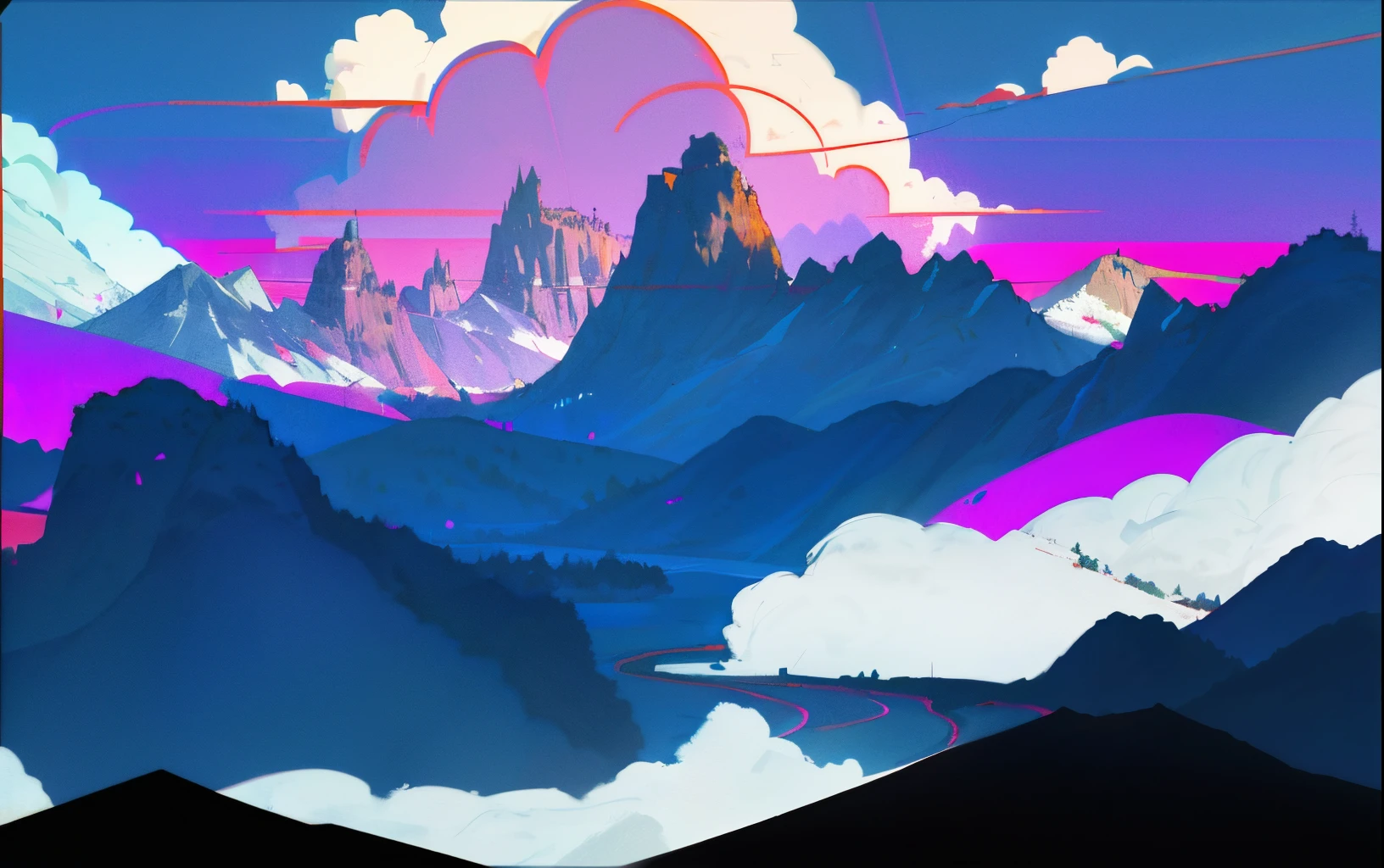 Mountains, rivers, palaces, blue skies, white clouds, trees. synthwave