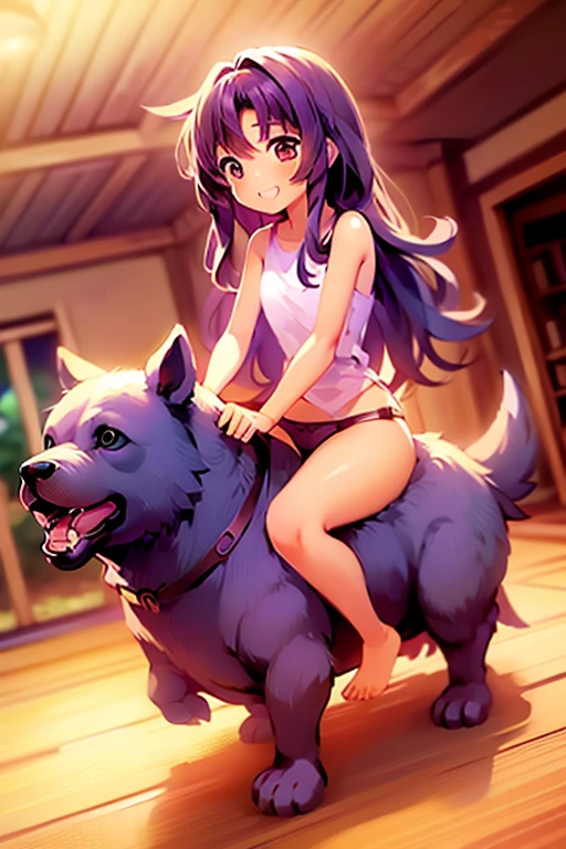 1girl, best quality, masterpiece, cute anime girl riding on a small chocolate lab \(dog\), barefoot, big butt, big thighs, thong, topless, smiling, purple hair, in a house