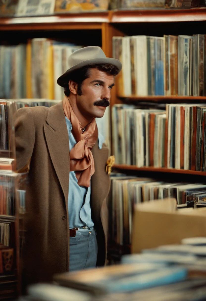 Magnum is browsing through vintage vinyl records at a hip record store, with a curious expression on his face.,original,Magnum PI, male