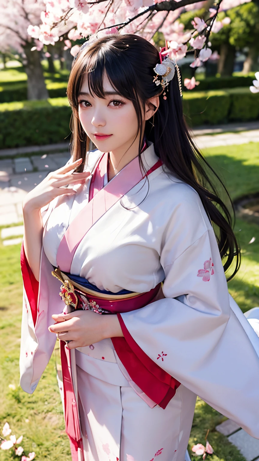 (A logo、masterpiece、8K、masutepiece、Raw photo、Fantastic、Best Quality、Photorealistic、extremely detailed CG unified 8k wallpaper、hightquality、ighly detailed、epic poem、Particle effect、Dynamic effects、depth of fields、Cinematic Light、Lens Flare、Ray tracing)、Fantasia、 (Beauty 1 person、Kimono isolated on white background、Japanese dress、Cherry blossom pattern、A dark-haired、Beautiful face、Real Face、Beautiful detail eyes、Beautiful skin)、Hair flutters in the wind、Hair jumps、Pink cherry blossom tree、Petals flutter、Sakura blizzard、Superb view、morning glow、Sun in the background、the wind、Deities、tusk、myth、Vast Land、