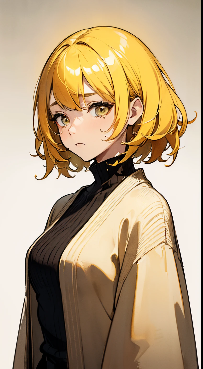 ((best quality)), (ultra detailed), ((UHD)), (high quality face), (((masterpiece))), one woman, hidden double eyelids, made up, ((beautiful)), (oversized knit cardigan), yellow hair, small breasts, emotional, ((sad)), (sentimental)), medium shot, portrait, golden ratio, inked, watercolor, dripping ink, high contrast