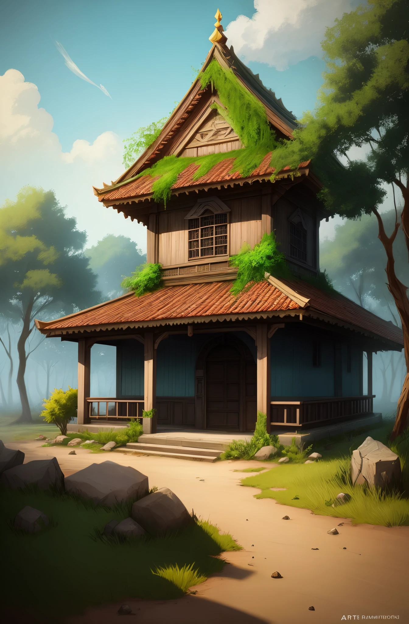 paisagem abandonada do templo da selva, arte de anime, ambiente de grama alta, 8 k resolution, alto detalhamento, trending on ArtStation, League of Legends arte splash, Ambient occlusion, Cinematic lighting, sombras de alta qualidade